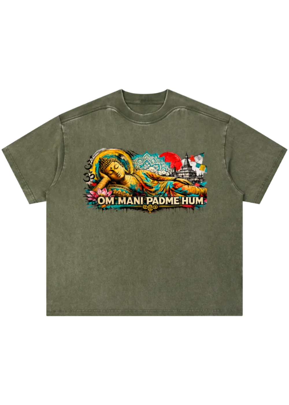 Om Mani Padme Hum Reclining Buddha Graffiti T-Shirt