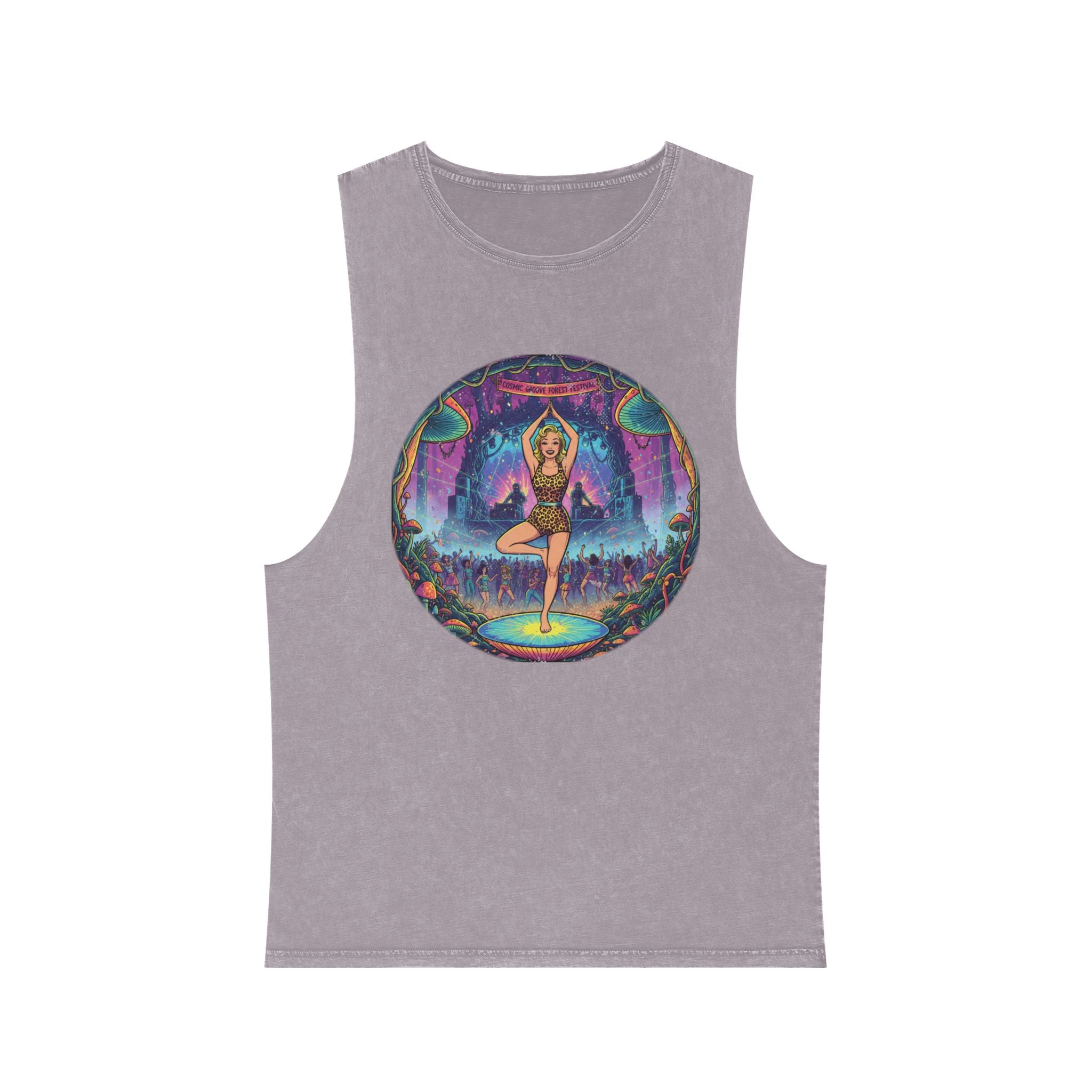Cosmic Groove Forest Festival Pinup Tank Top - Vintage Psychedelic Mushroom Stonewashed Rave Gear