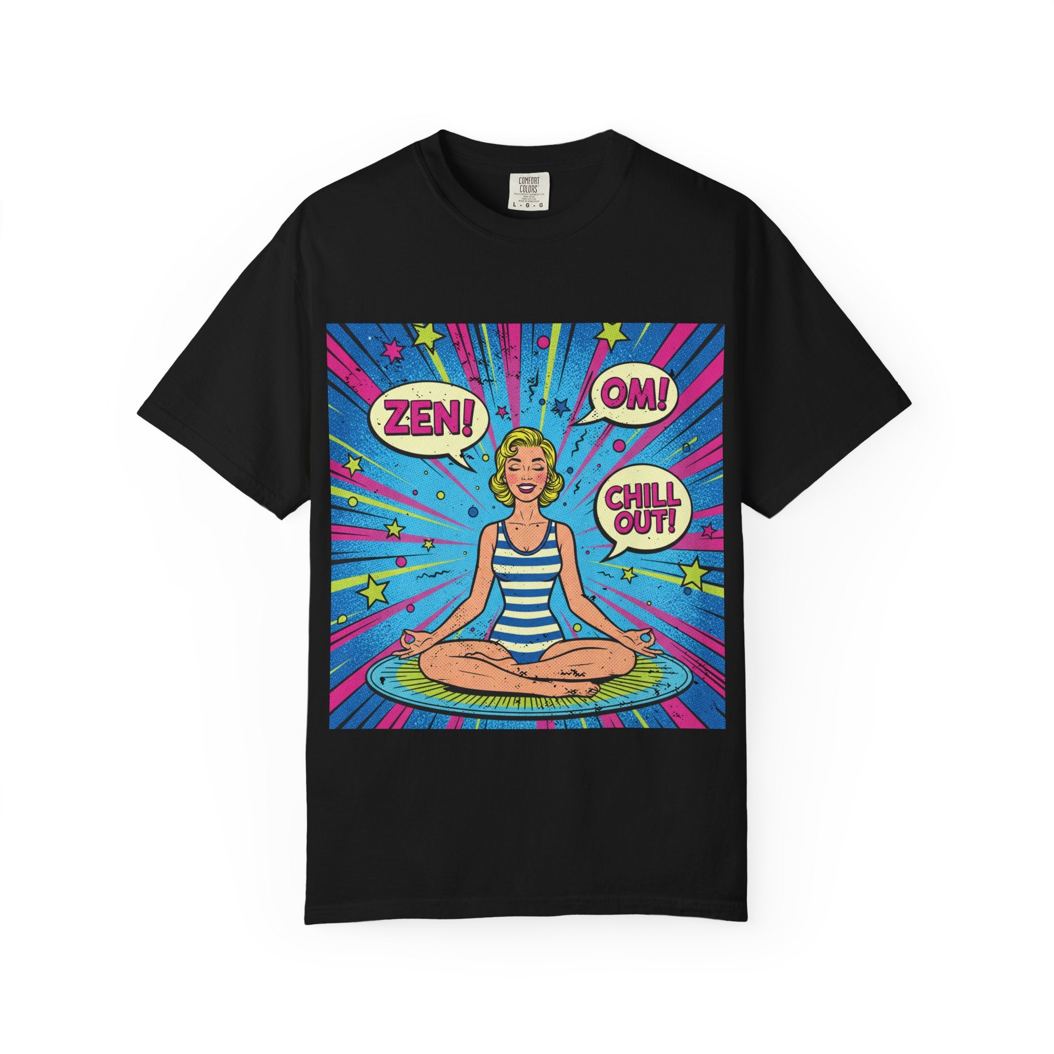 Vintage Zen Pop Art Yoga T-Shirt – Retro Comic Style "Chill Out" Pinup Graphic Tee