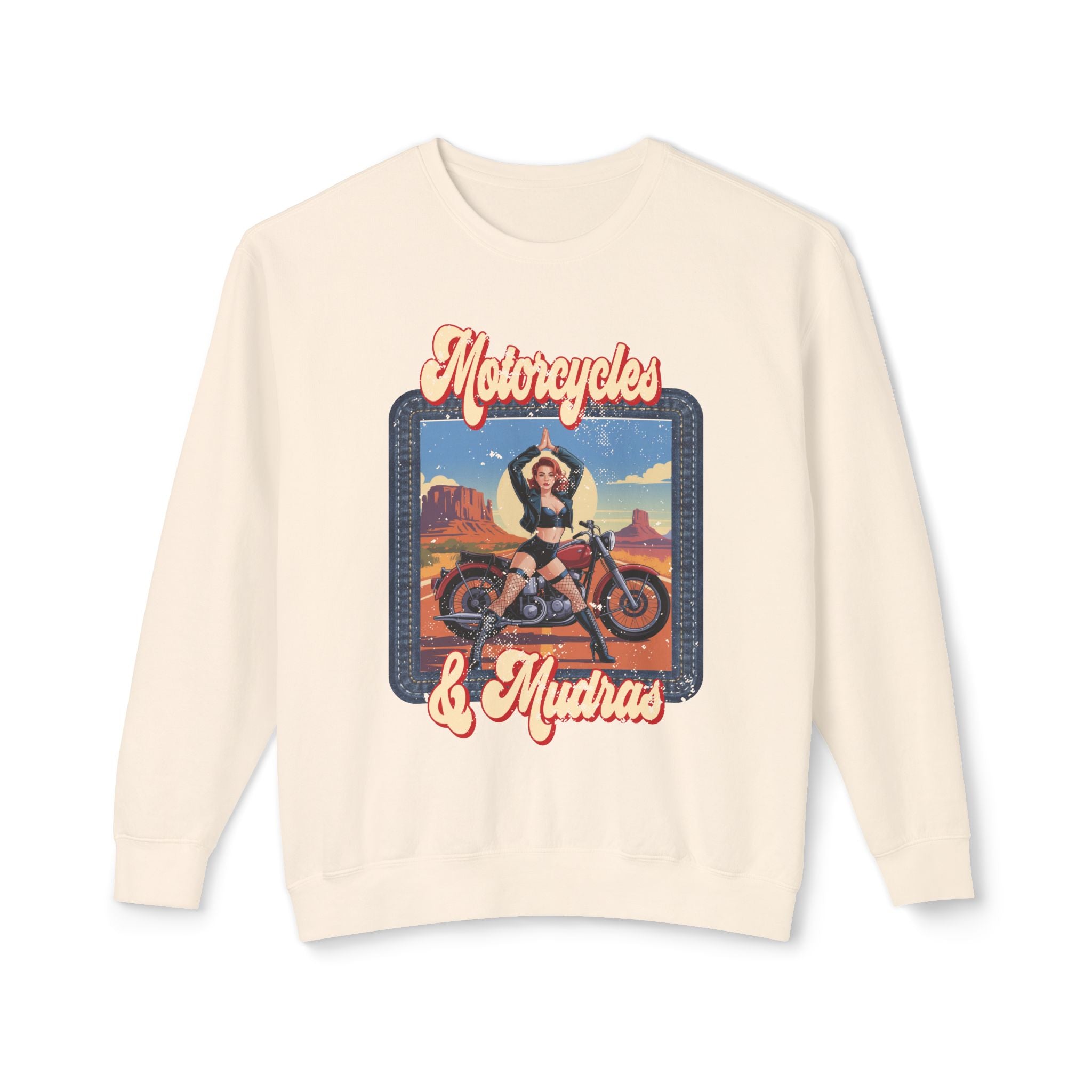 Motorcycles & Mudras Retro Sweatshirt – Vintage Biker Girl Yoga Graphic Pullover
