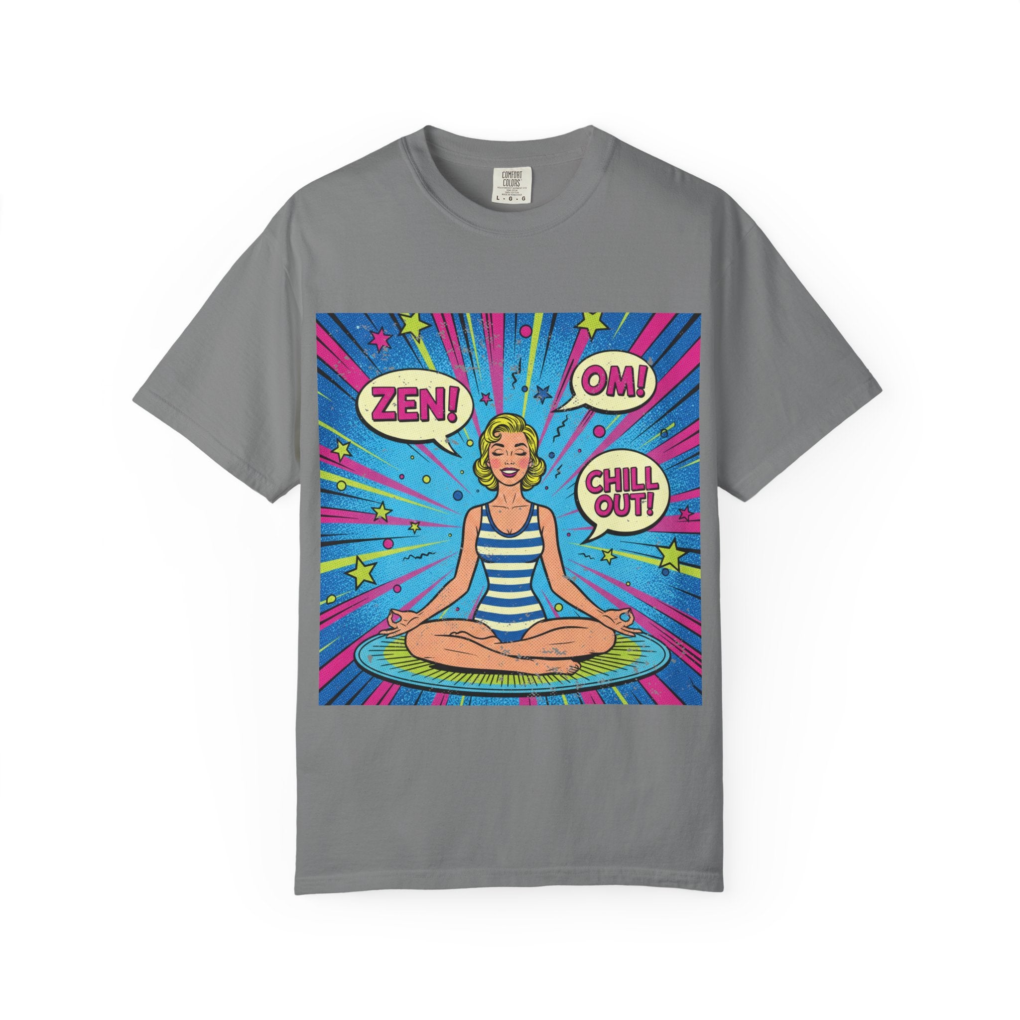 Vintage Zen Pop Art Yoga T-Shirt – Retro Comic Style "Chill Out" Pinup Graphic Tee