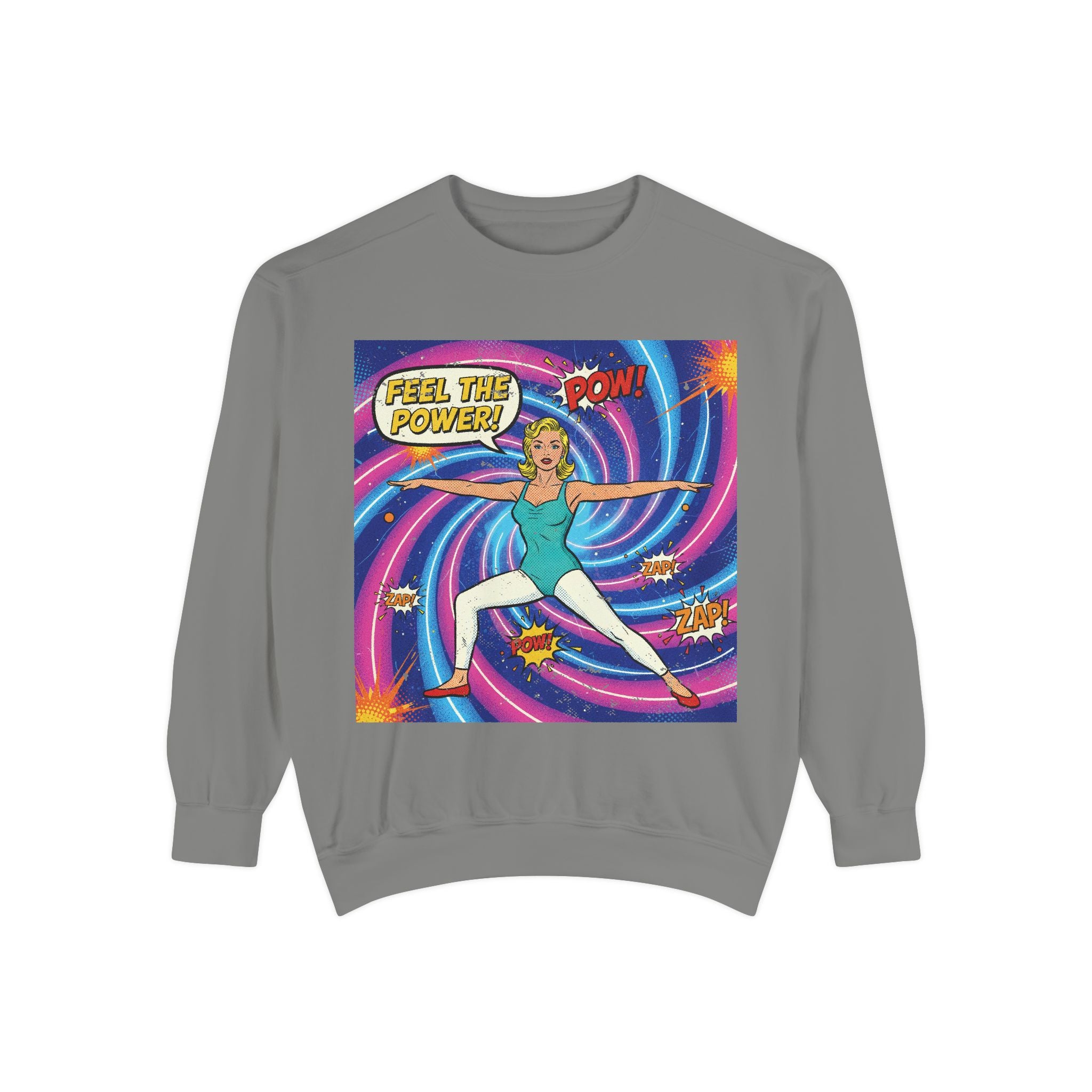 Retro Comic Yoga Sweatshirt – Vintage Pop Art Warrior Pose "Feel The Power" Pullover