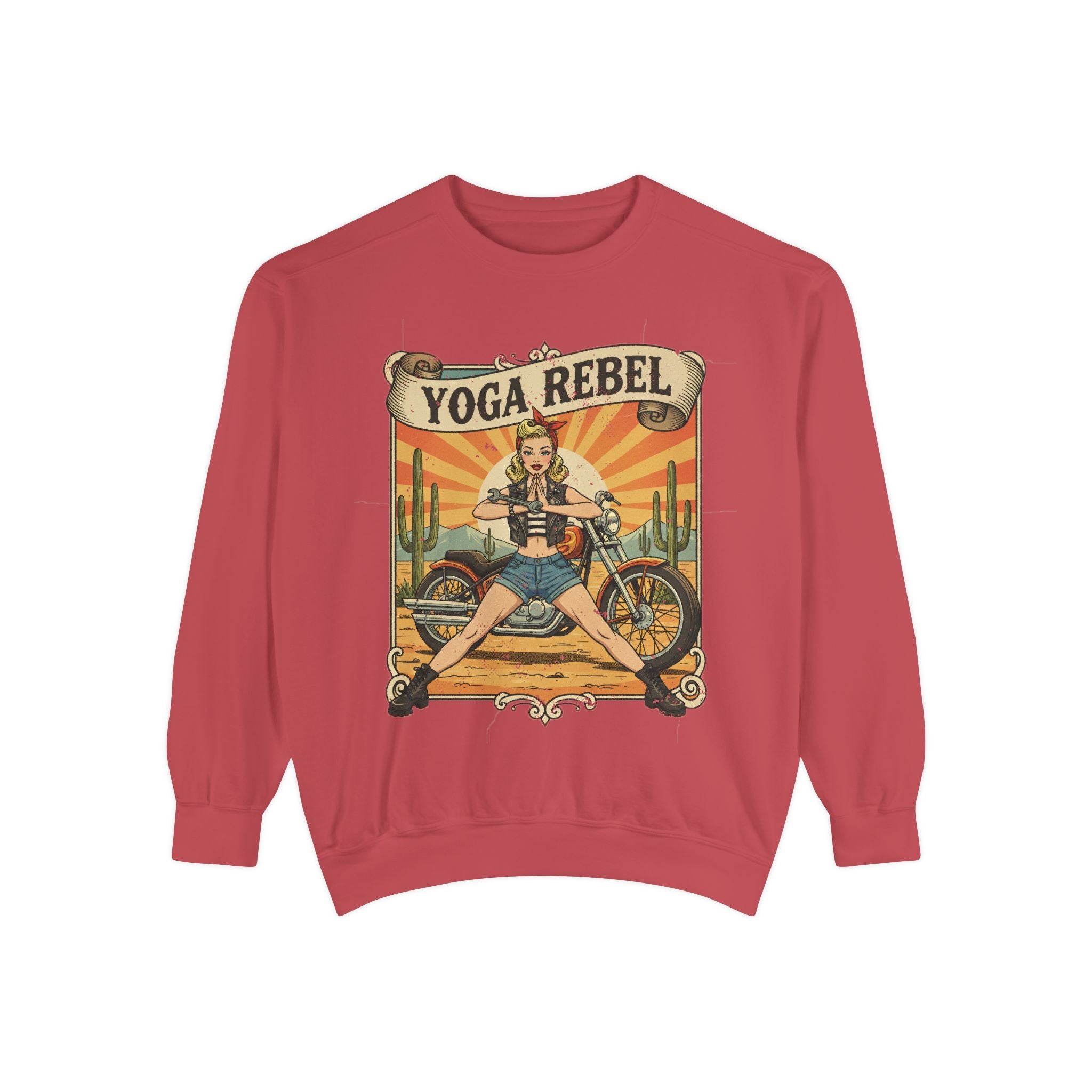 Yoga Rebel Retro Sweatshirt – Vintage Biker Girl Motorcycle Graphic Pullover