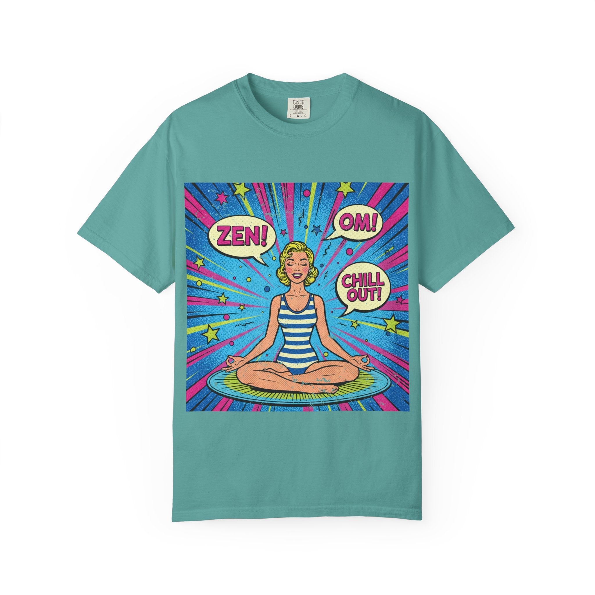 Vintage Zen Pop Art Yoga T-Shirt – Retro Comic Style "Chill Out" Pinup Graphic Tee