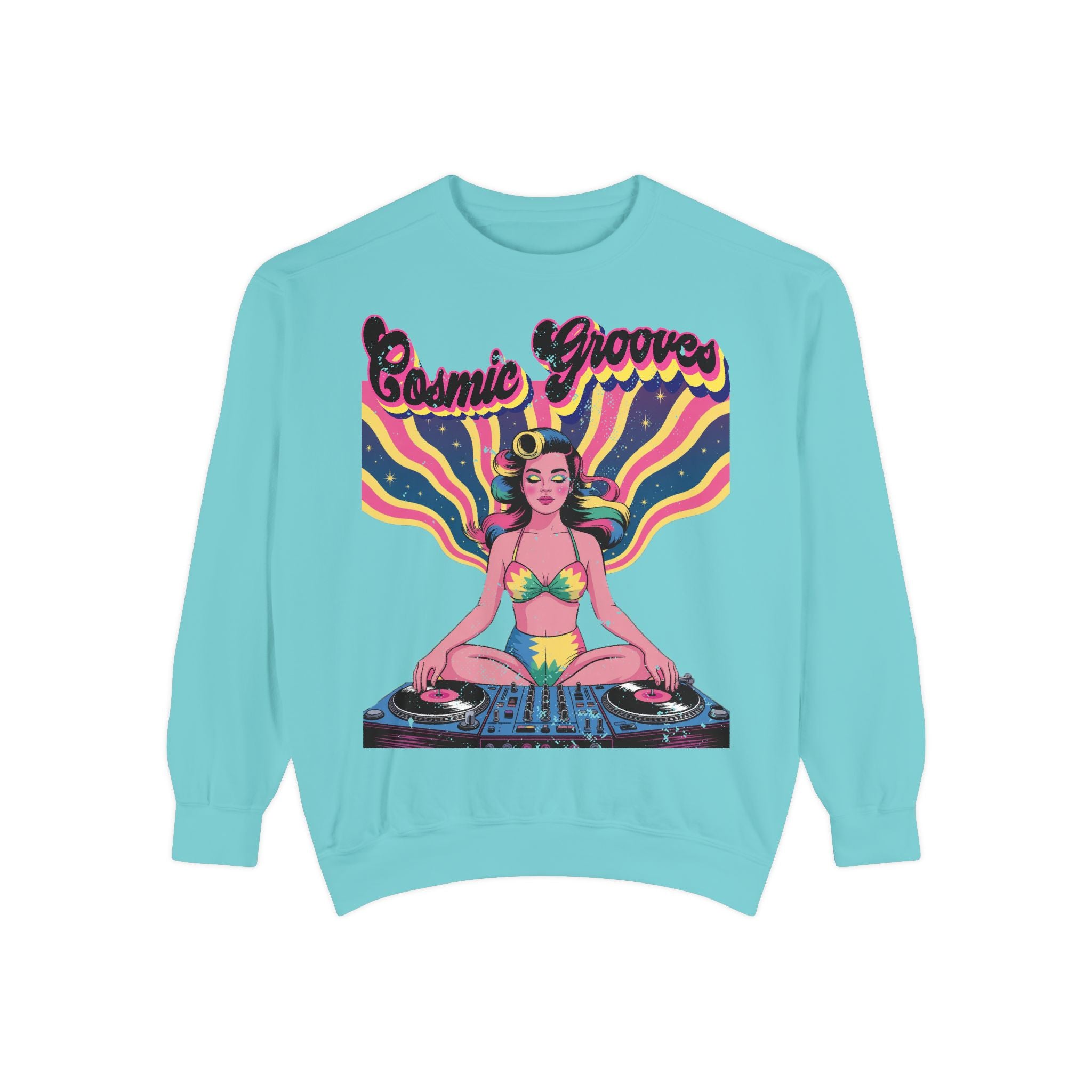 Cosmic Grooves Retro Pinup DJ Sweatshirt – Psychedelic Meditating Rave Apparel