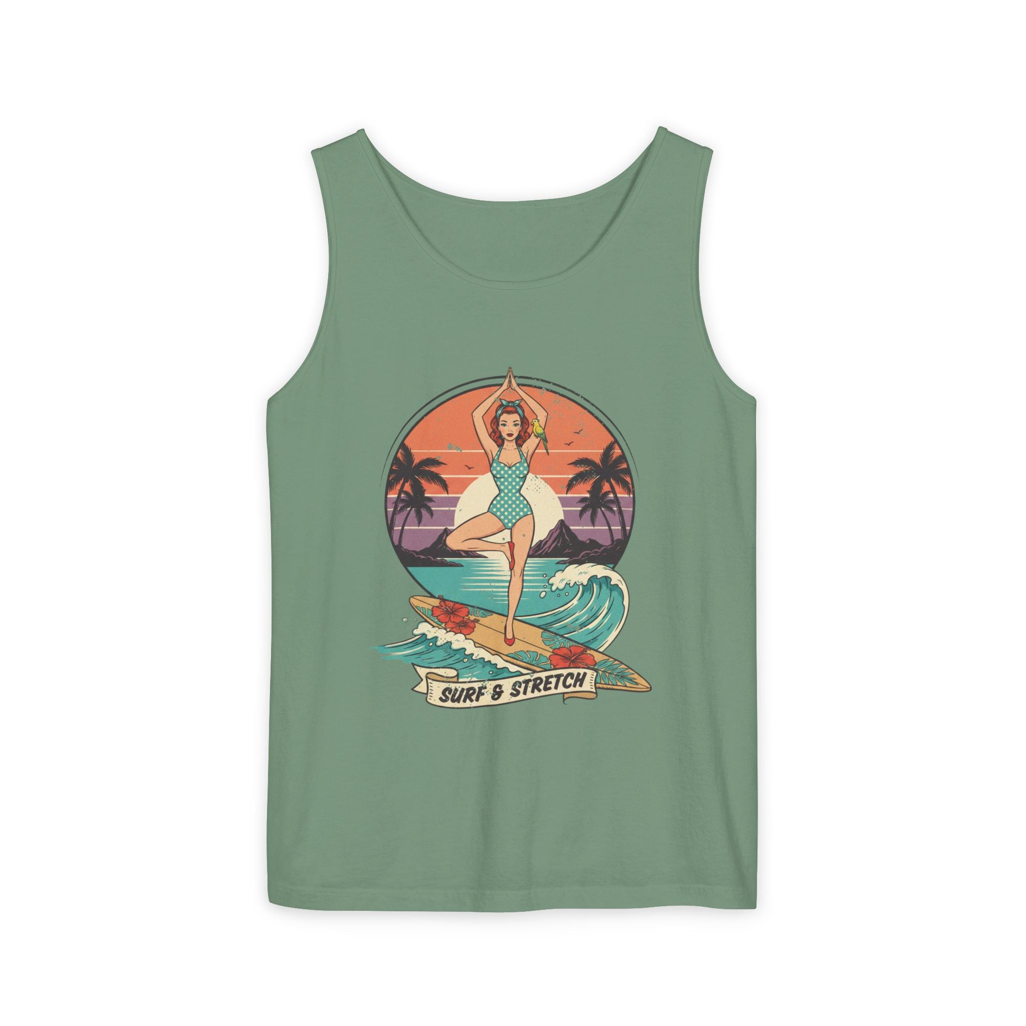 Surf & Stretch Retro Tank Top – Vintage Tropical Beach Yoga Graphic Tee