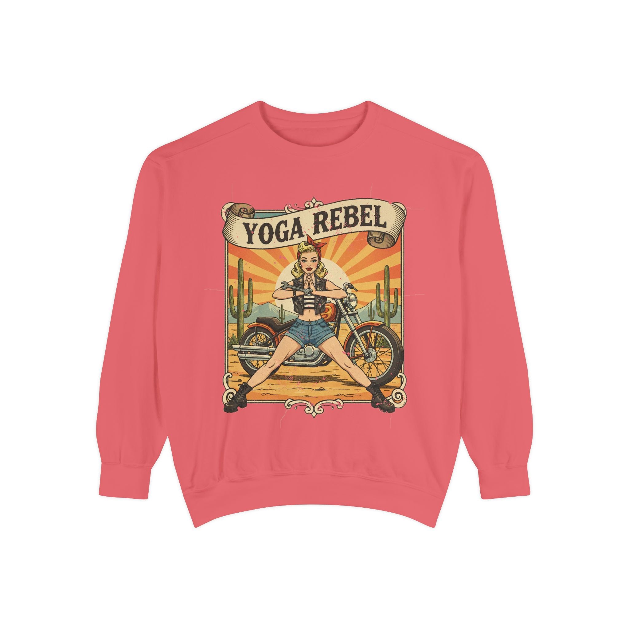 Yoga Rebel Retro Sweatshirt – Vintage Biker Girl Motorcycle Graphic Pullover