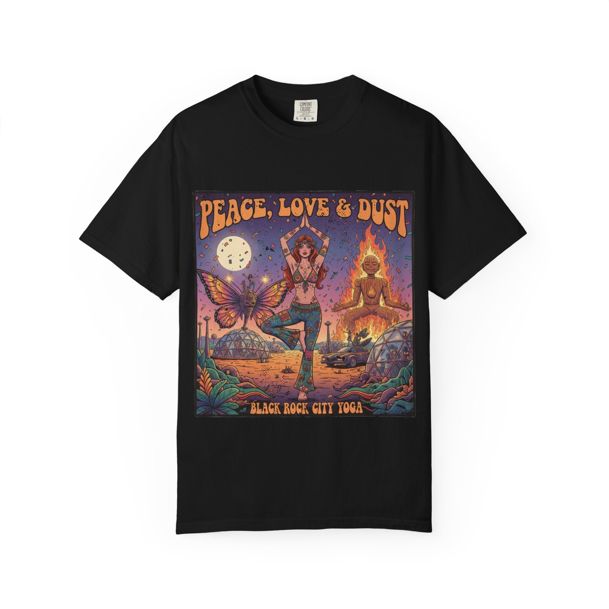 Peace Love & Dust Black Rock City Yoga T-Shirt - Vintage Festival Pinup Graphic Tee