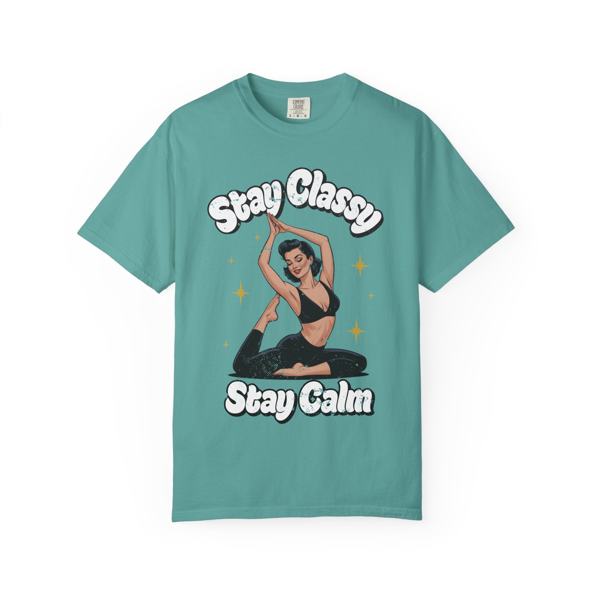 Retro Pinup Girl Yoga T-Shirt - "Stay Classy, Stay Calm" Vintage Graphic Tee