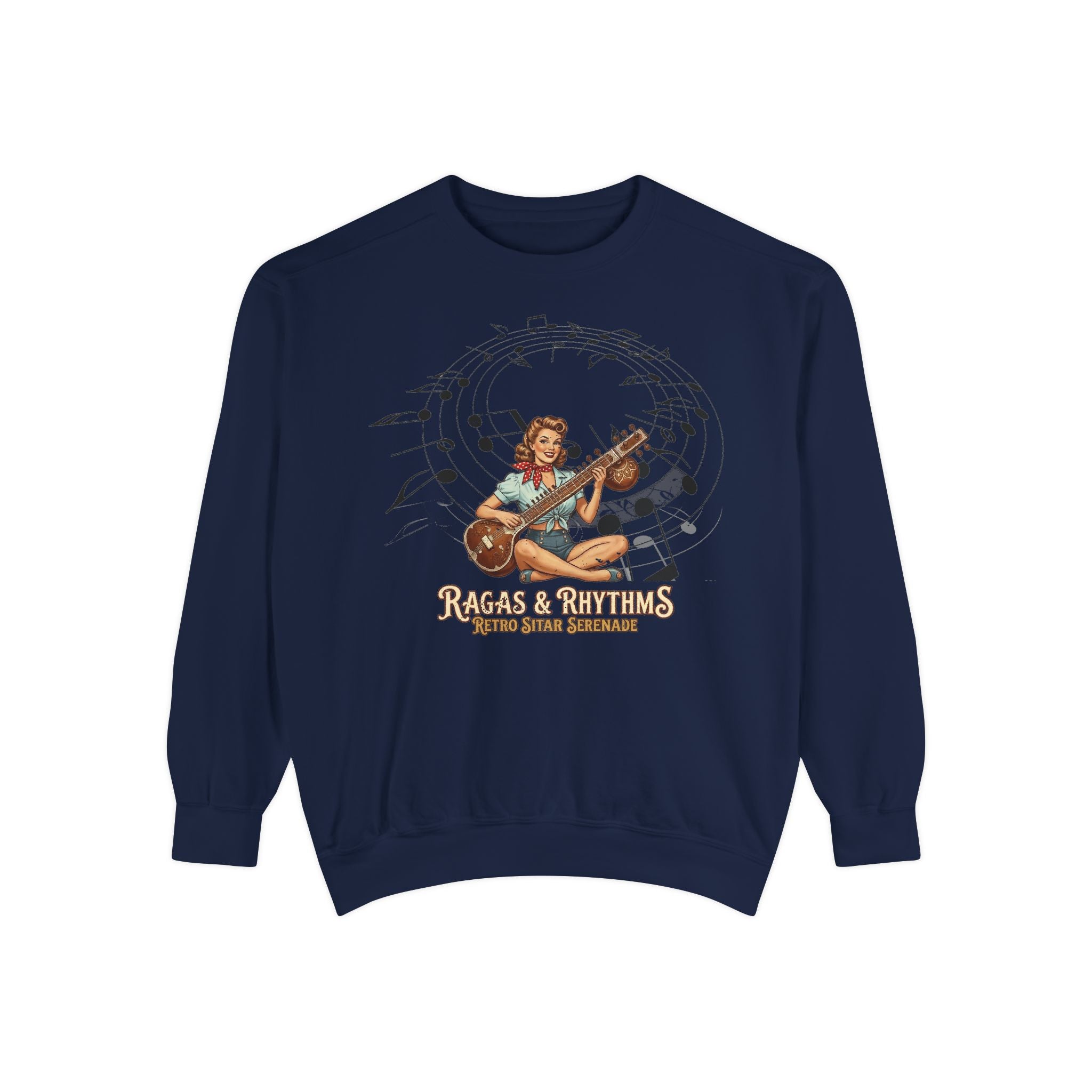 Ragas & Rhythms Retro Sweatshirt – Vintage Sitar Serenade Graphic Pullover