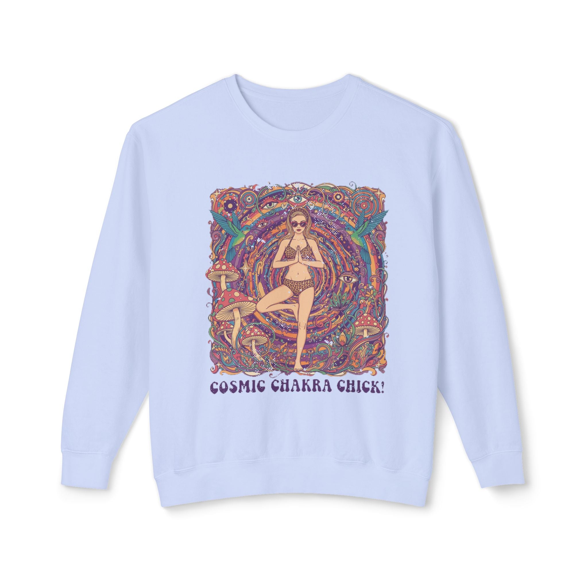 Cosmic Chakra Chill Psychedelic Sweatshirt – Retro Yoga Pinup & Mushroom Art Pullover