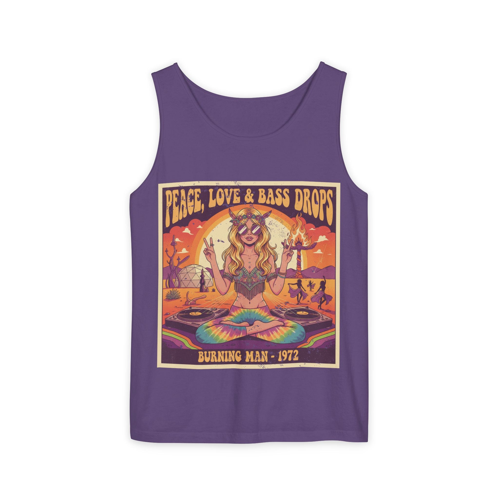 Peace, Love & Bass Drops Tank Top – Retro 1970s Festival "Burning Man" Graphic Racerback