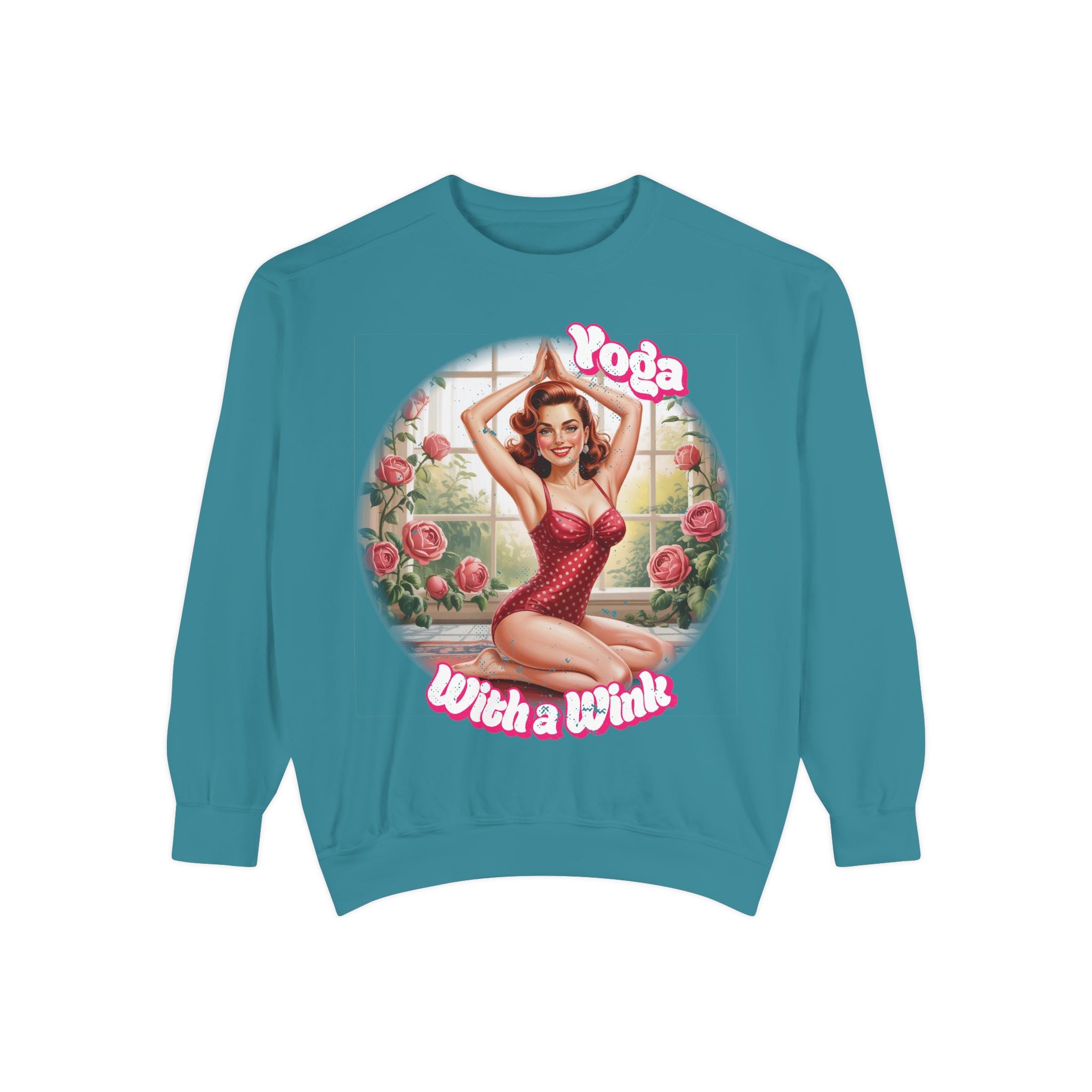 Retro Pin-Up Yoga Crewneck for Vintage Style & Spiritual Vibes