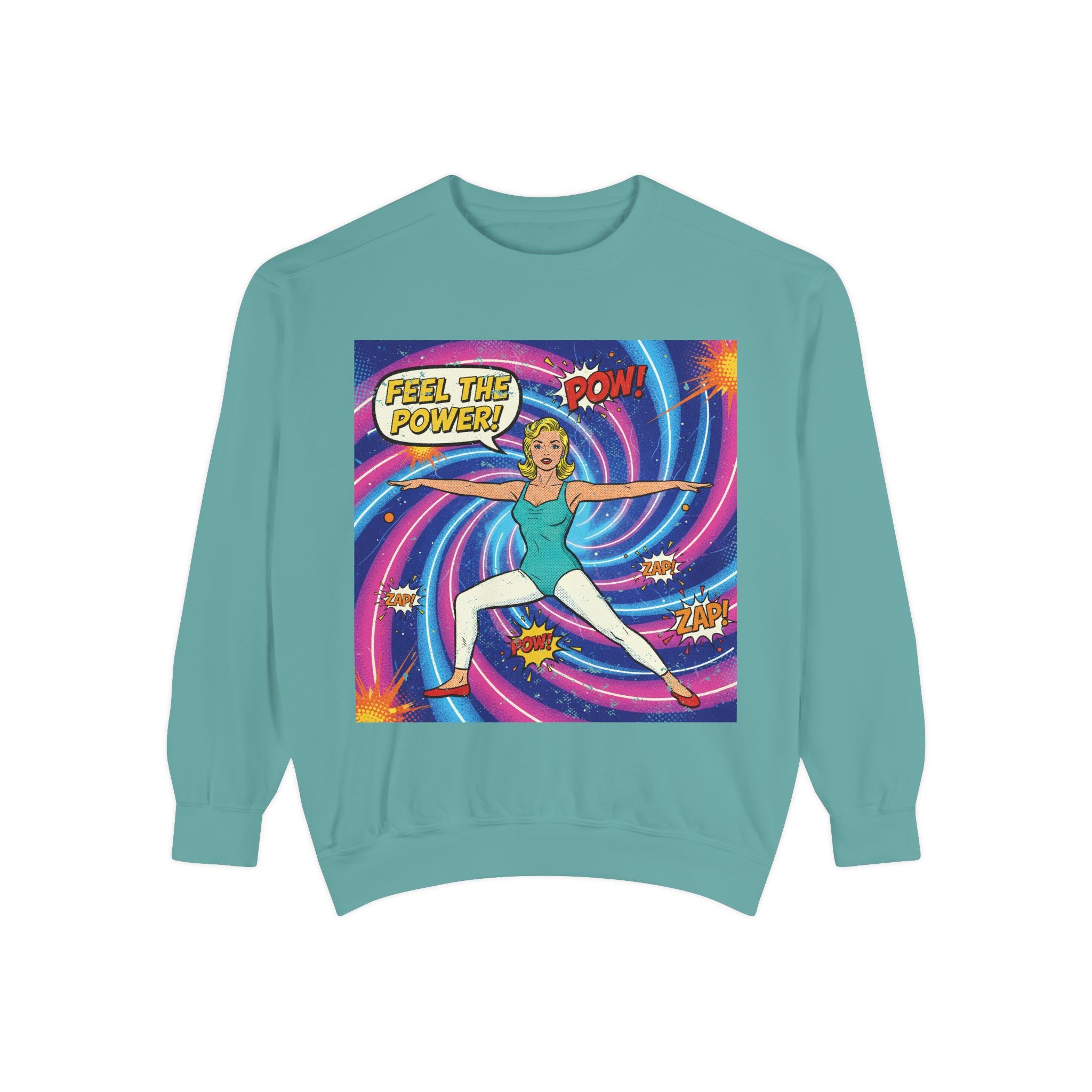 Retro Comic Yoga Sweatshirt – Vintage Pop Art Warrior Pose "Feel The Power" Pullover