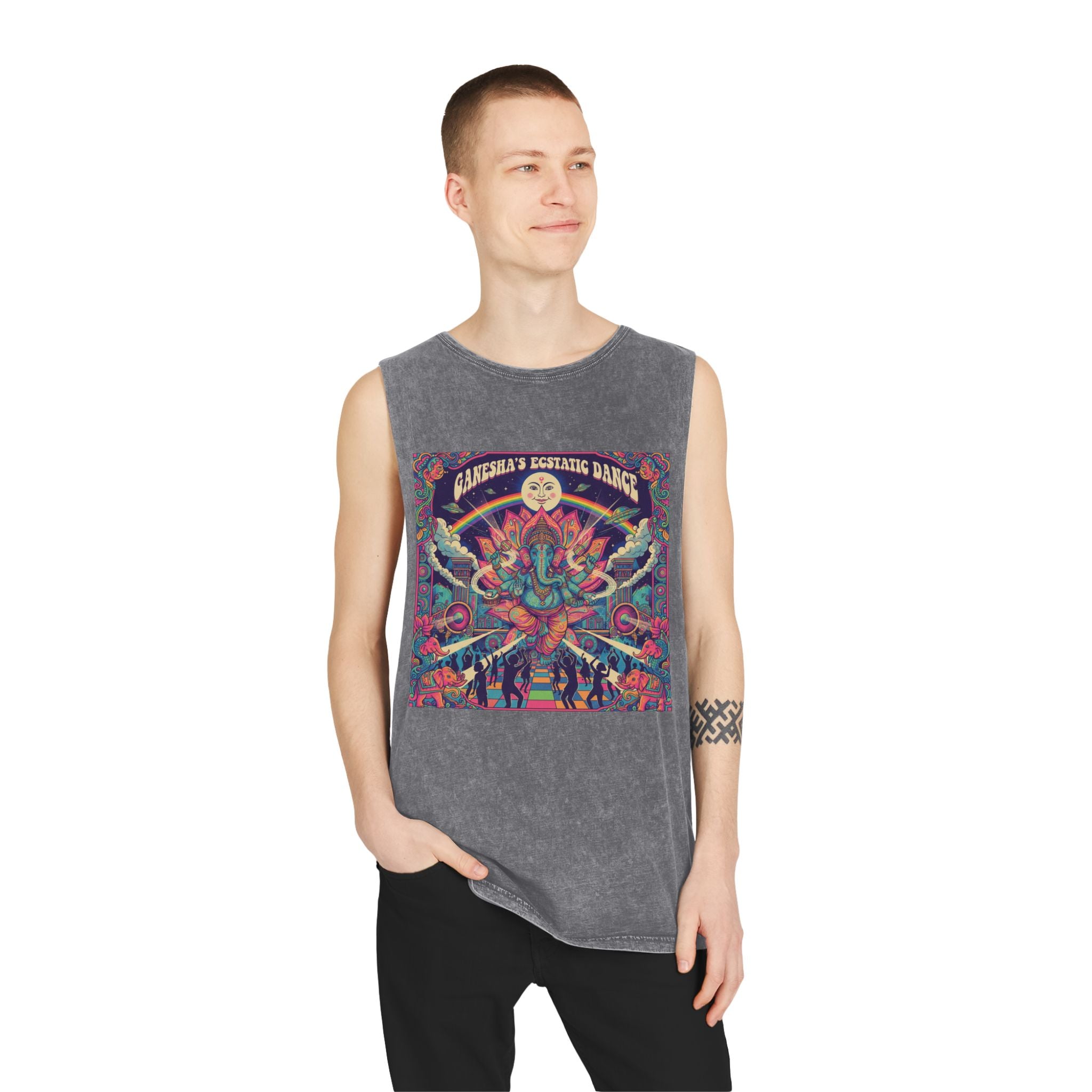 Ganesha’s Ecstatic Dance Stonewashed Tank Top – Psychedelic Festival Rave Graphic Tee