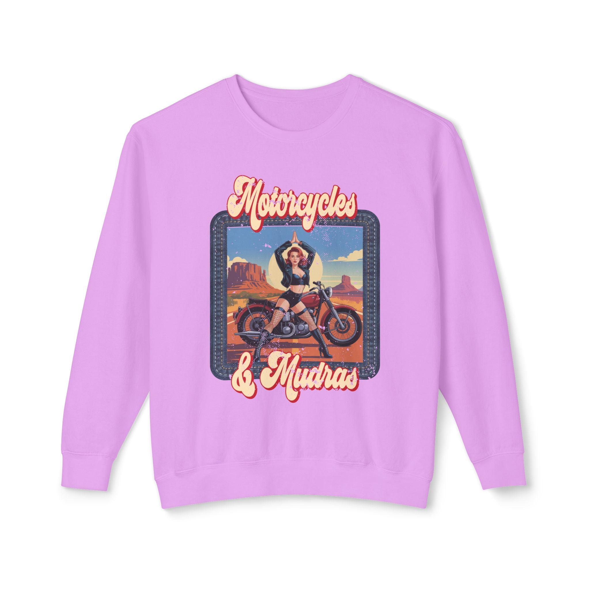 Motorcycles & Mudras Retro Sweatshirt – Vintage Biker Girl Yoga Graphic Pullover