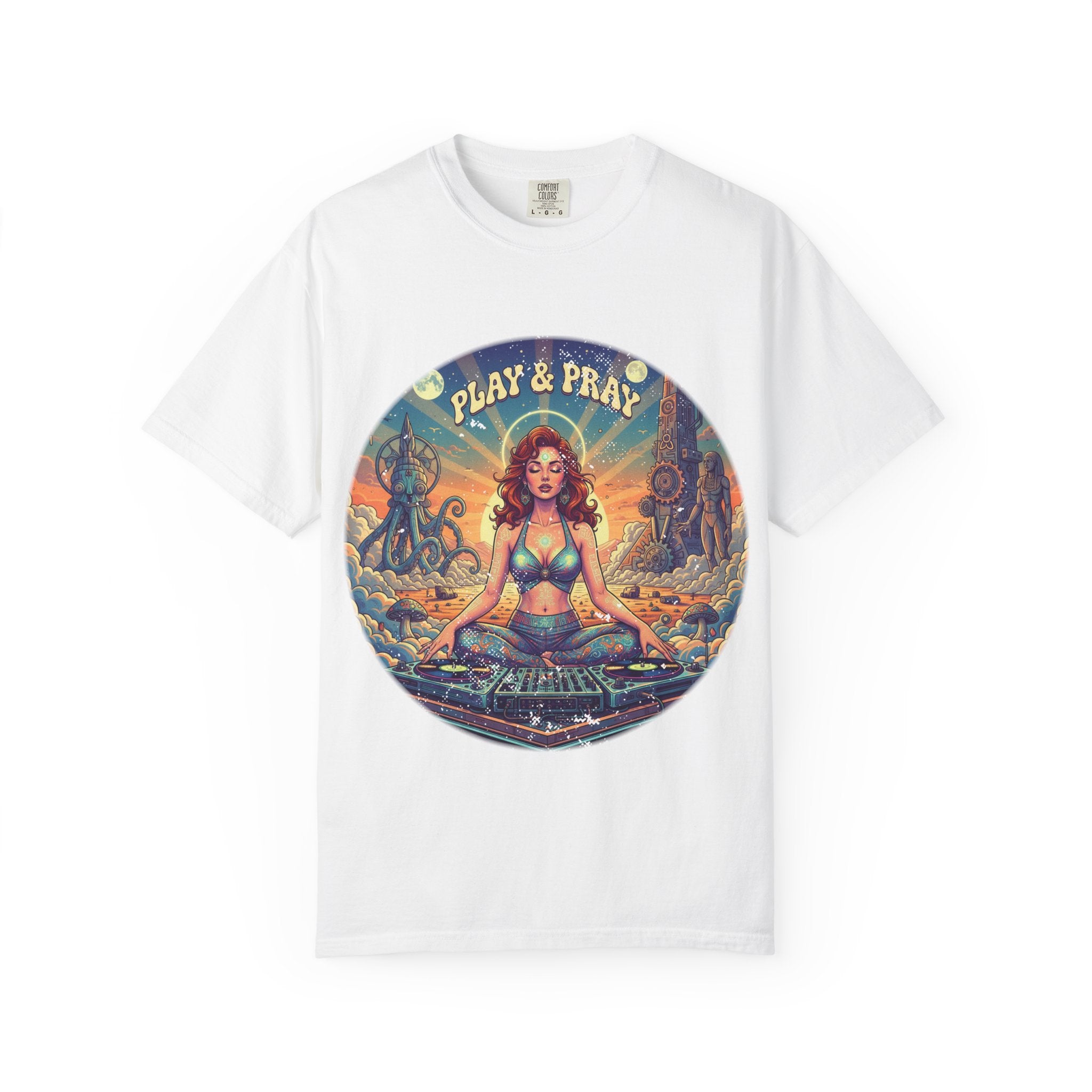 Play & Pray Vintage Pinup DJ Tee - Retro Spiritual Rave & Festival Graphic T-Shirt