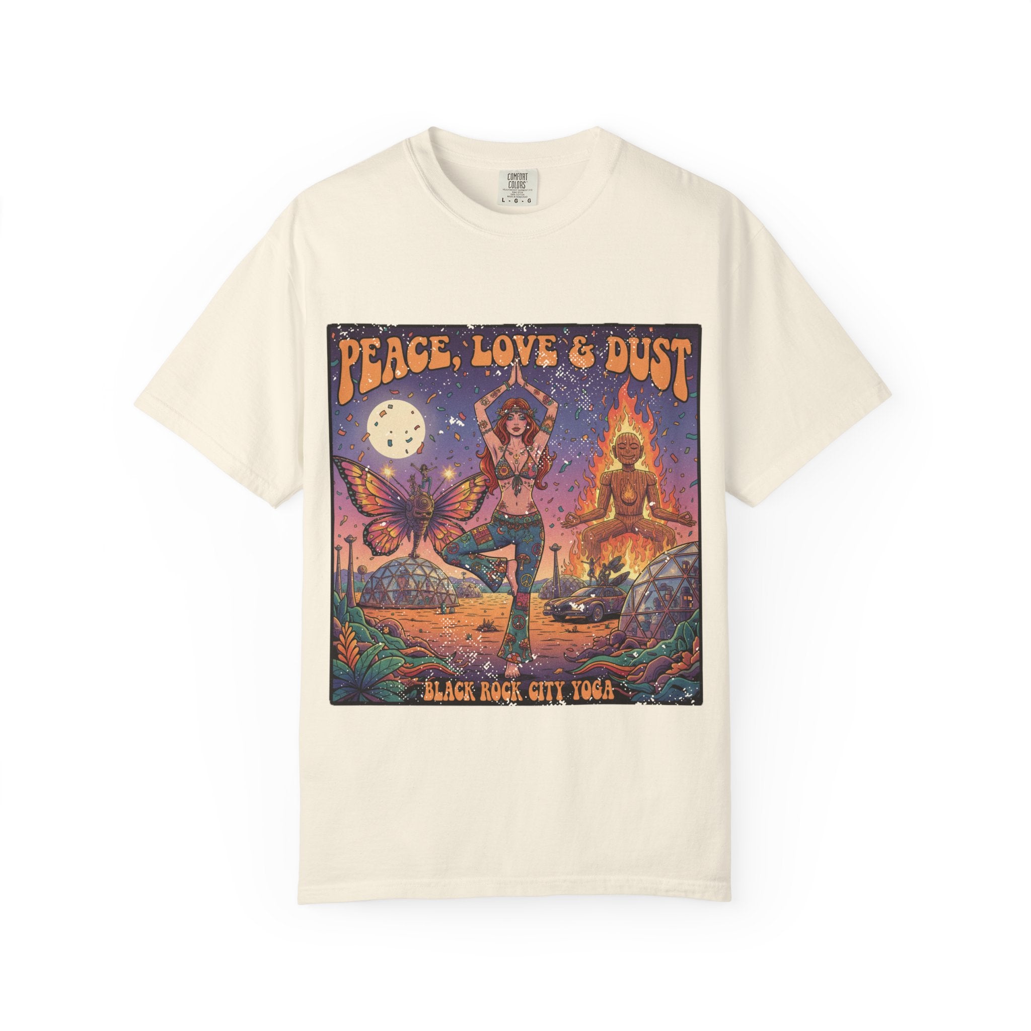 Peace Love & Dust Black Rock City Yoga T-Shirt - Vintage Festival Pinup Graphic Tee