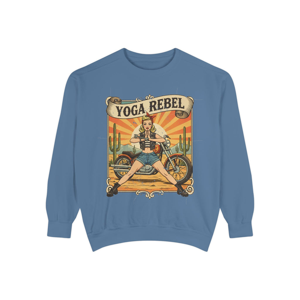 Yoga Rebel Retro Sweatshirt – Vintage Biker Girl Motorcycle Graphic Pullover
