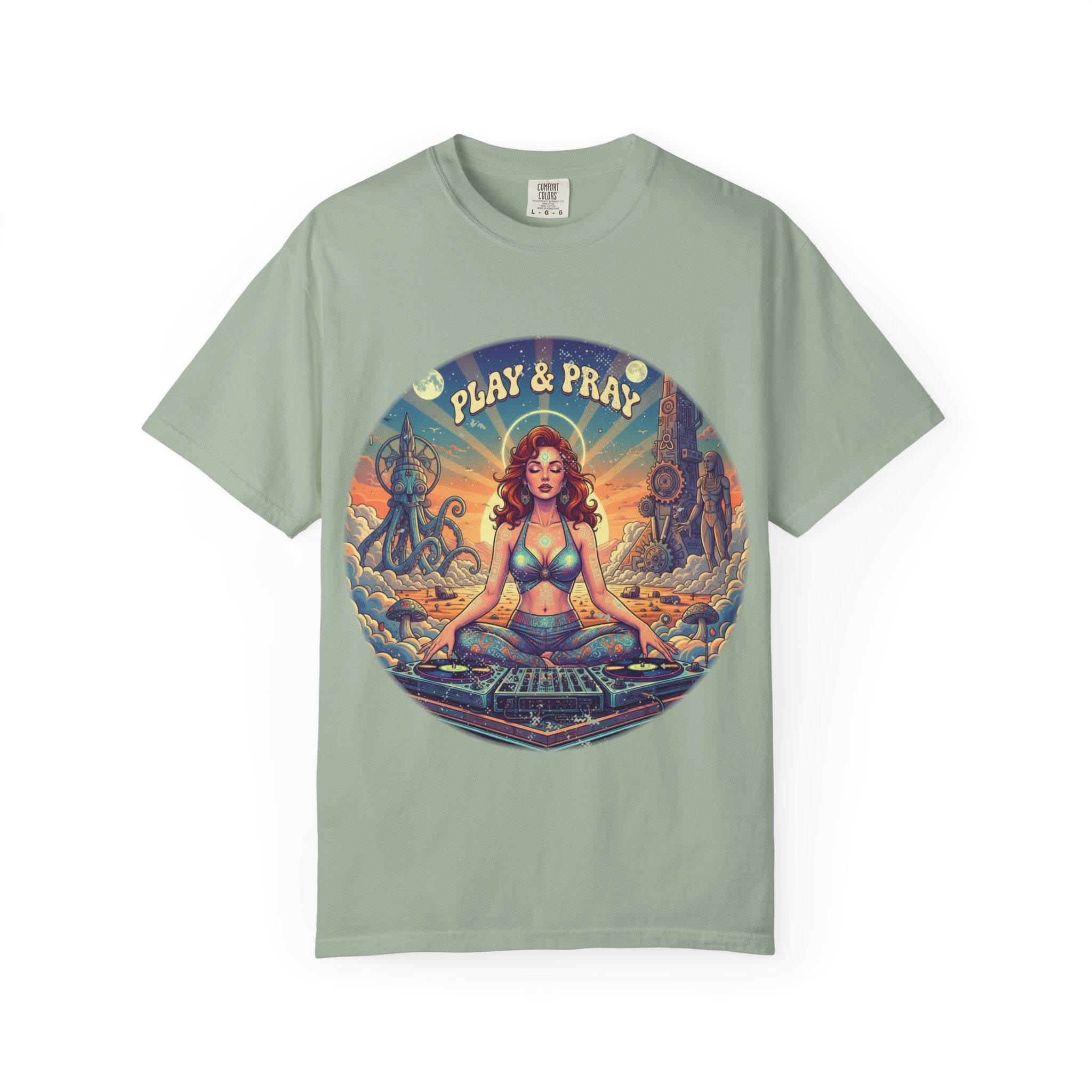 Play & Pray Vintage Pinup DJ Tee - Retro Spiritual Rave & Festival Graphic T-Shirt