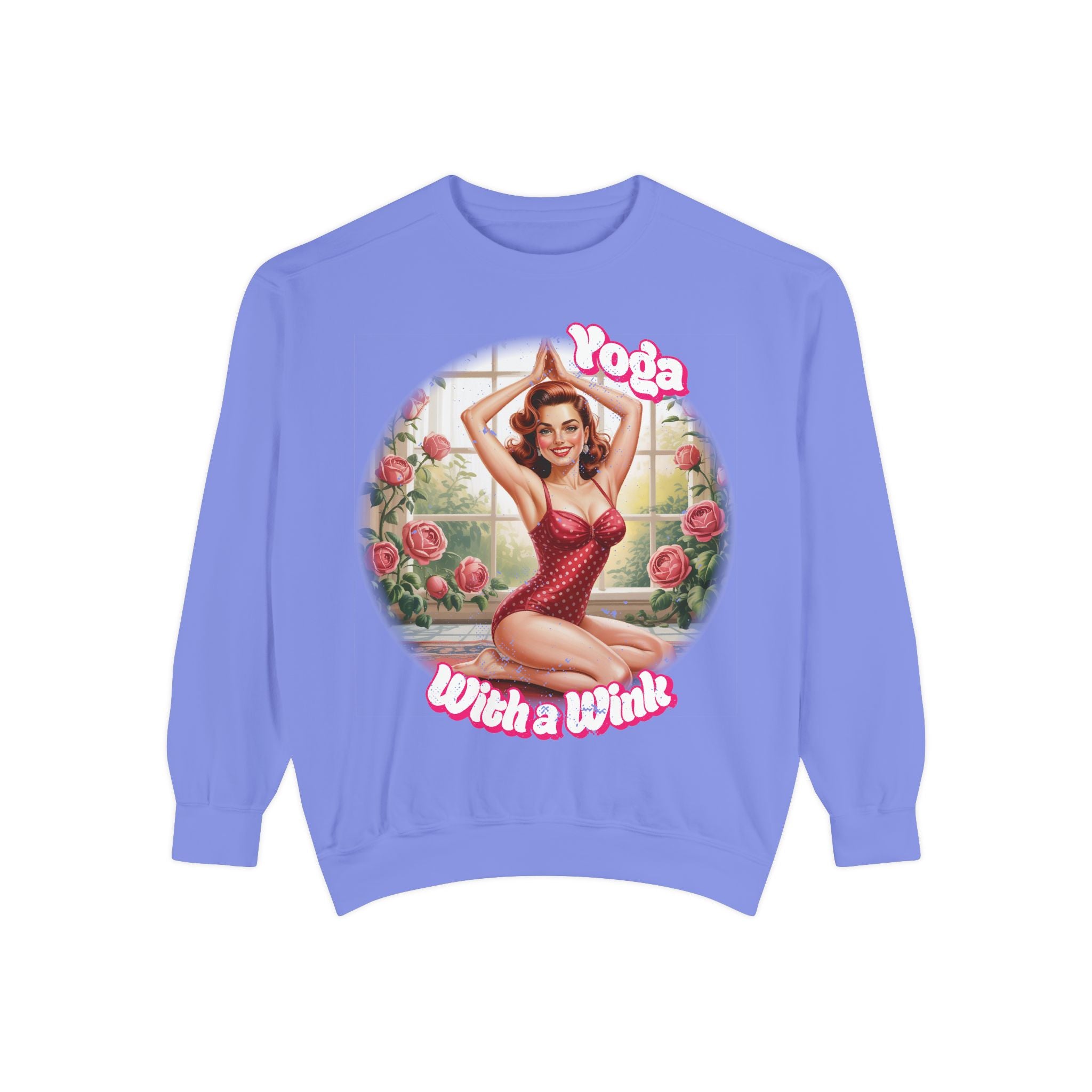 Retro Pin-Up Yoga Crewneck for Vintage Style & Spiritual Vibes