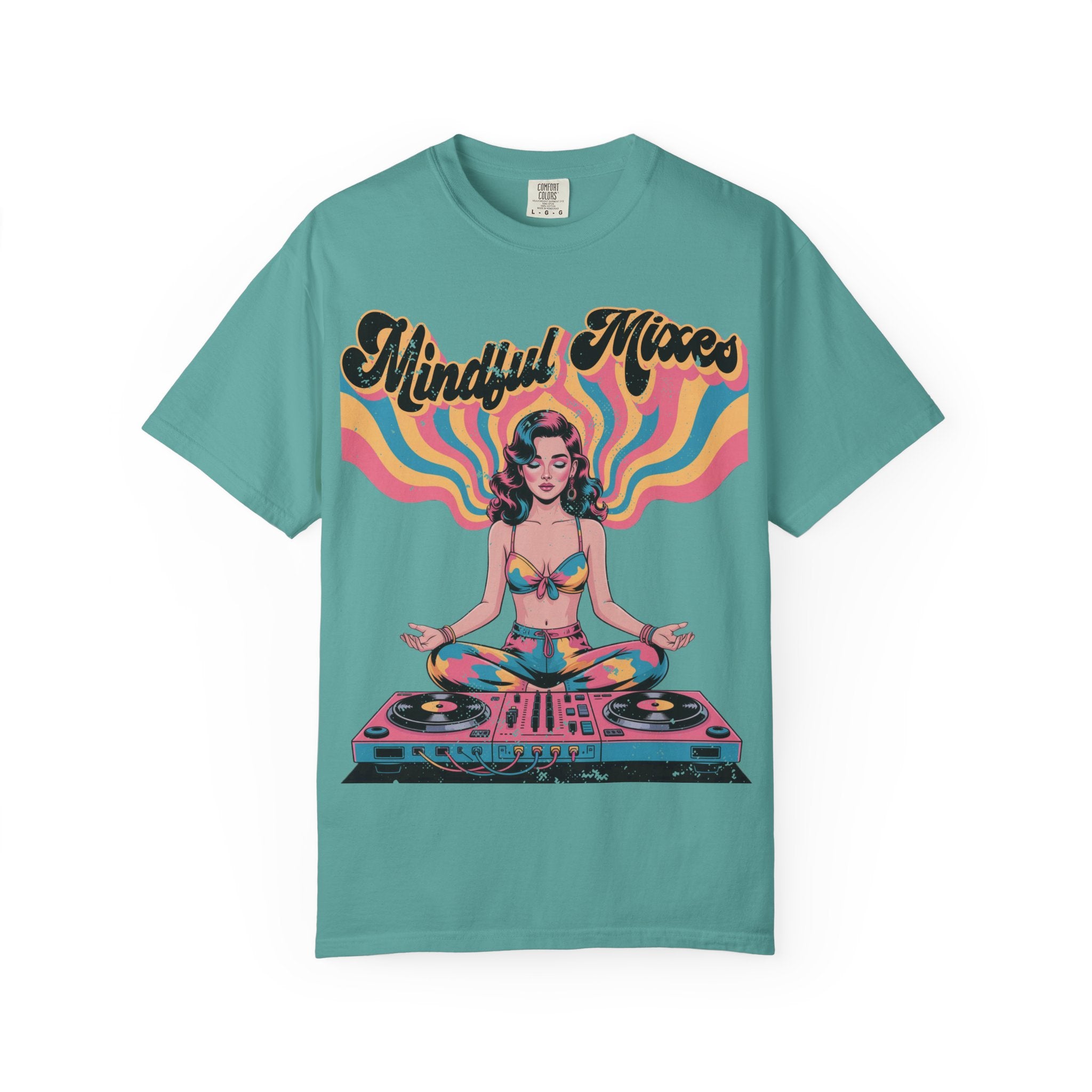 Mindful Mixes Retro DJ T-Shirt – Psychedelic Pinup Meditating Graphic Tee