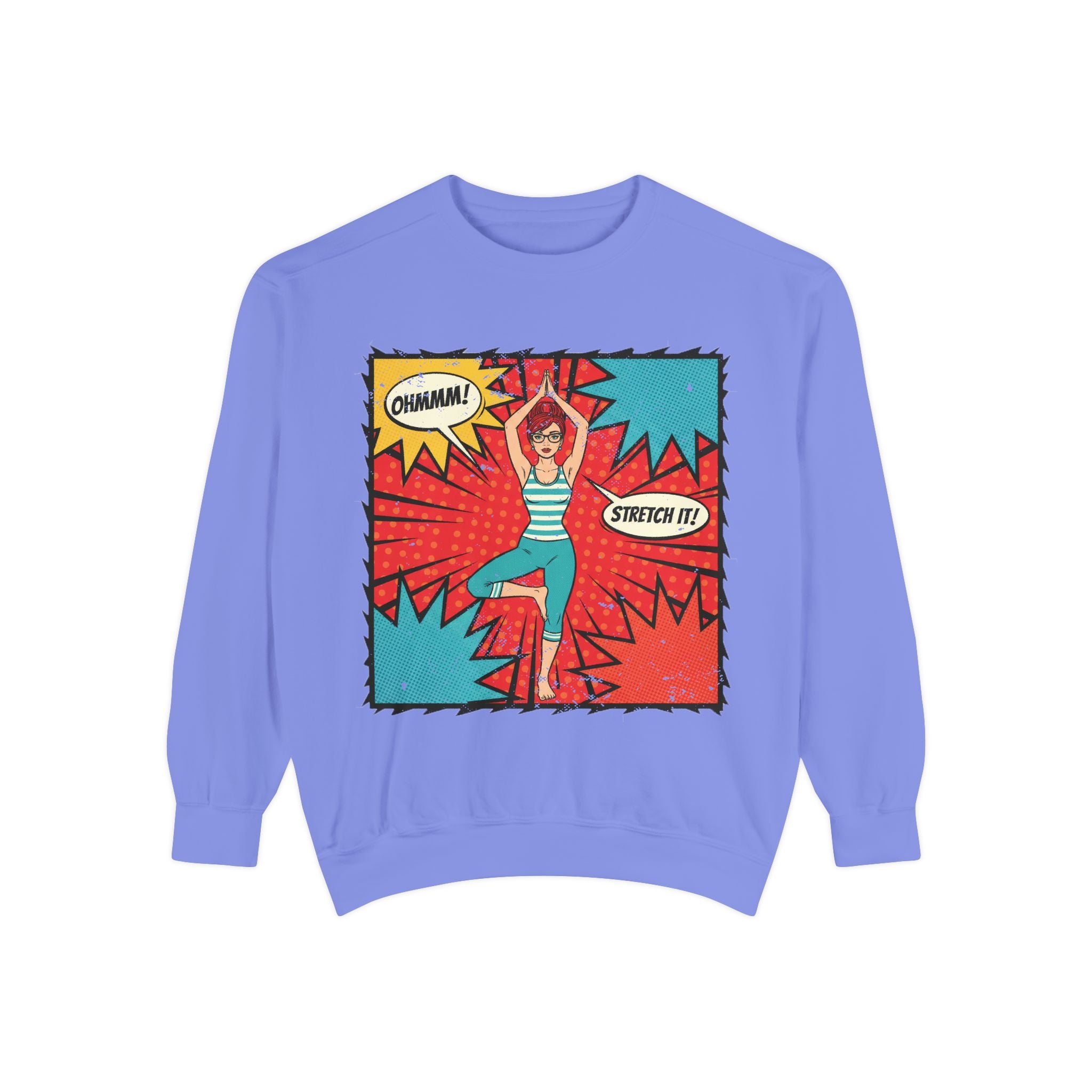 Retro Comic Yoga Sweatshirt – Pop Art Tree Pose "Stretch It!" Vintage Pullover