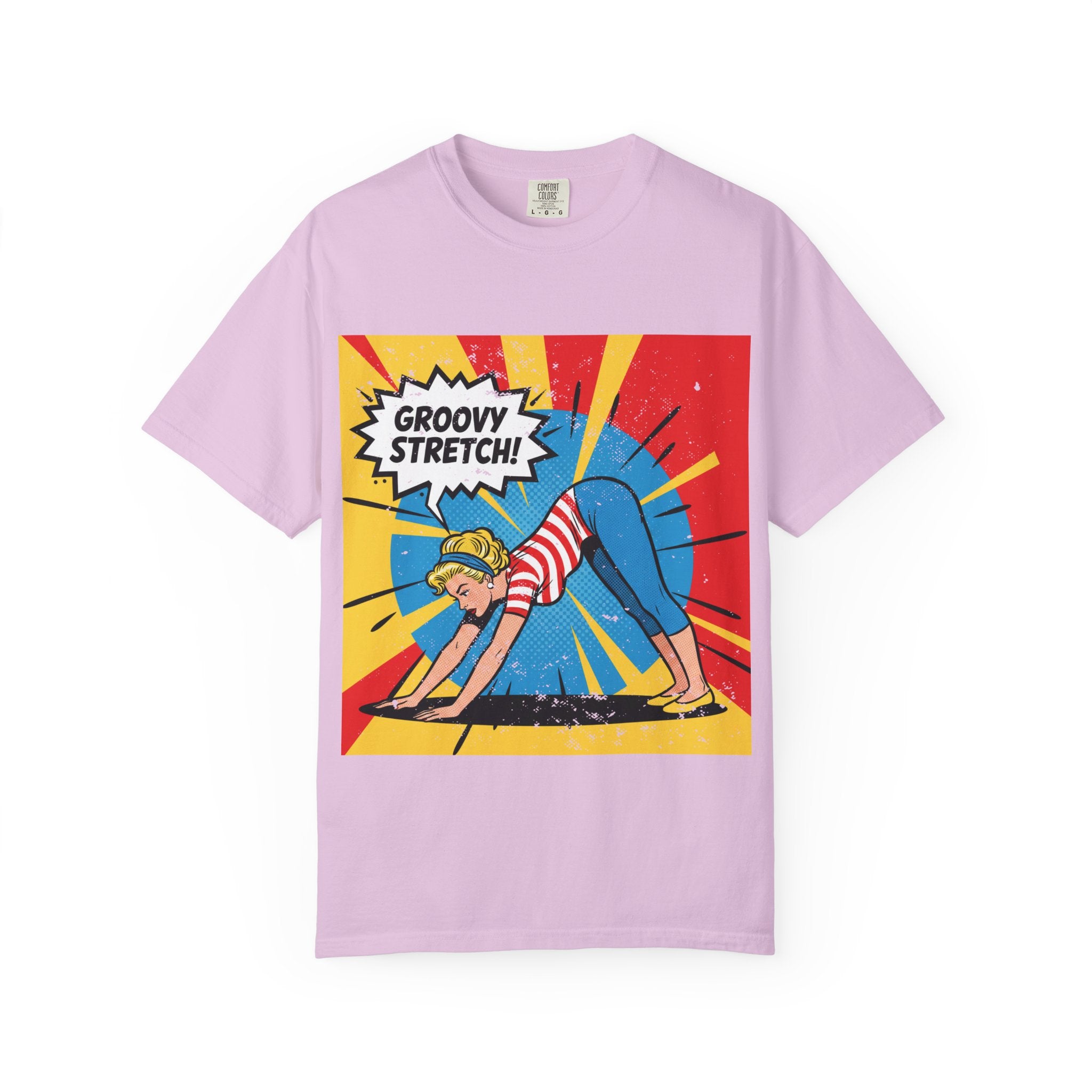 Retro Pop Art Yoga T-Shirt – Vintage Pinup Girl "Groovy Stretch" Graphic Tee