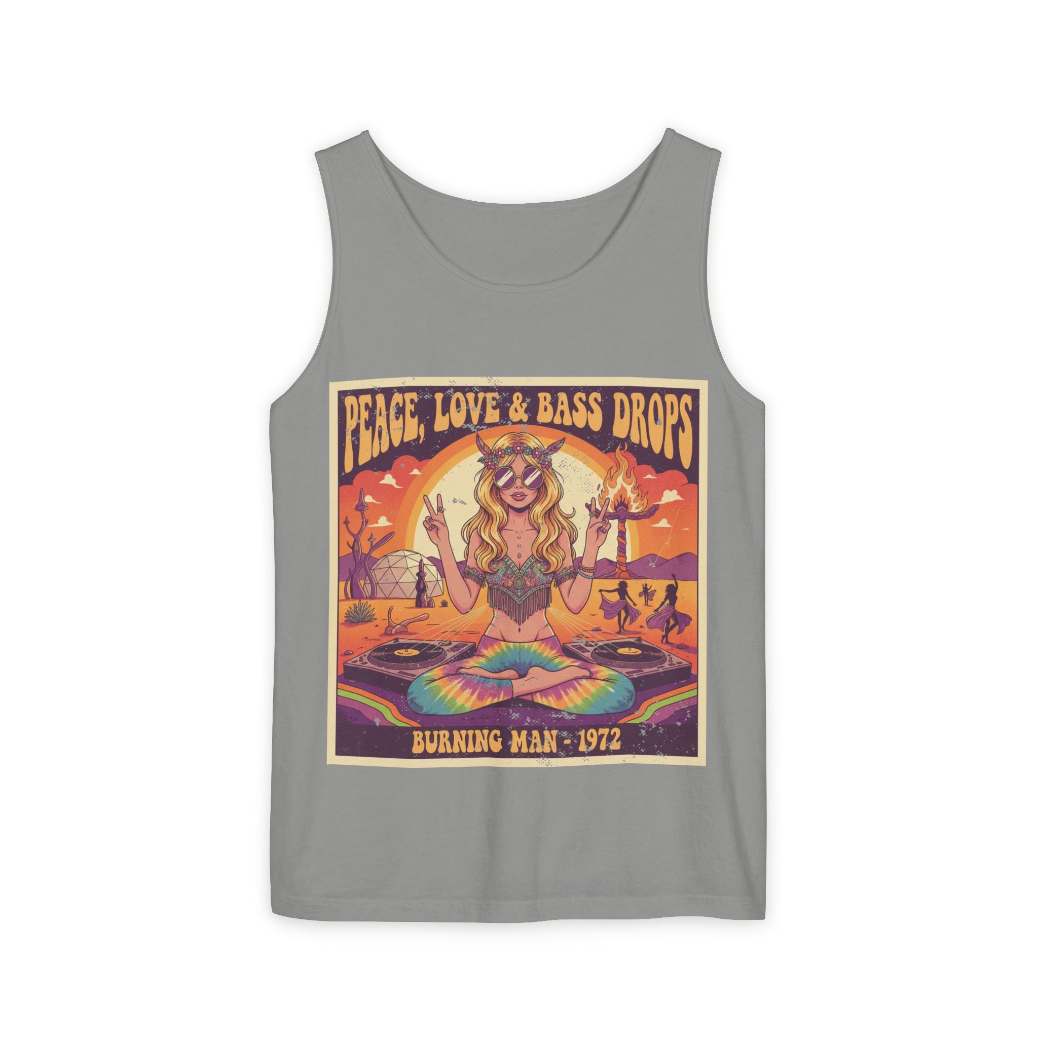 Peace, Love & Bass Drops Tank Top – Retro 1970s Festival "Burning Man" Graphic Racerback