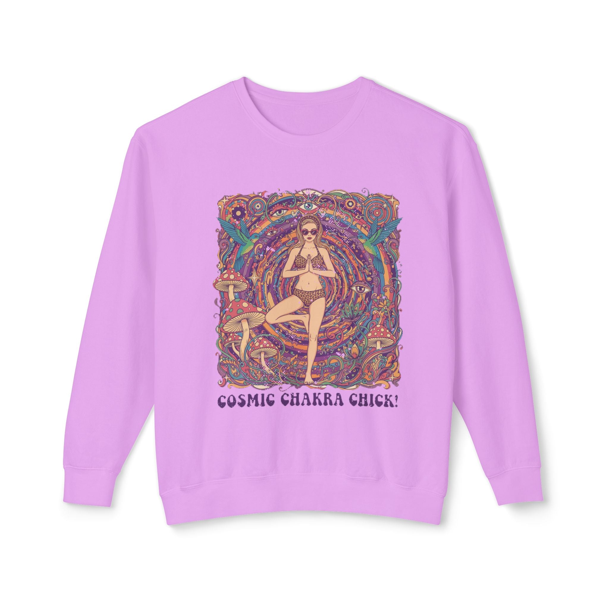 Cosmic Chakra Chill Psychedelic Sweatshirt – Retro Yoga Pinup & Mushroom Art Pullover
