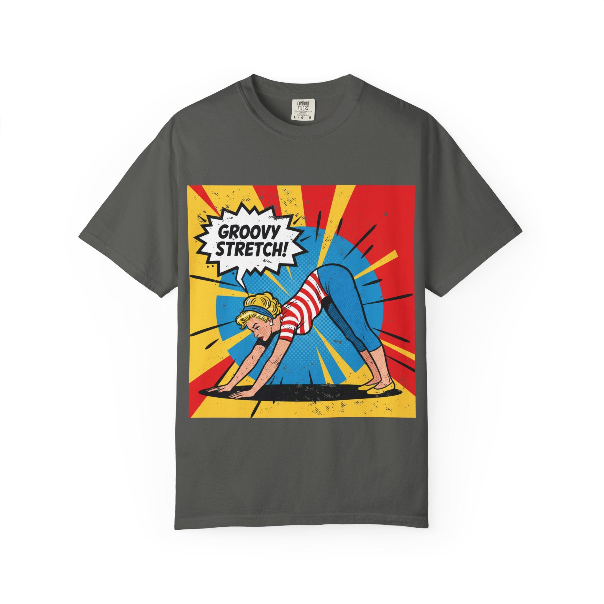 Retro Pop Art Yoga T-Shirt – Vintage Pinup Girl "Groovy Stretch" Graphic Tee