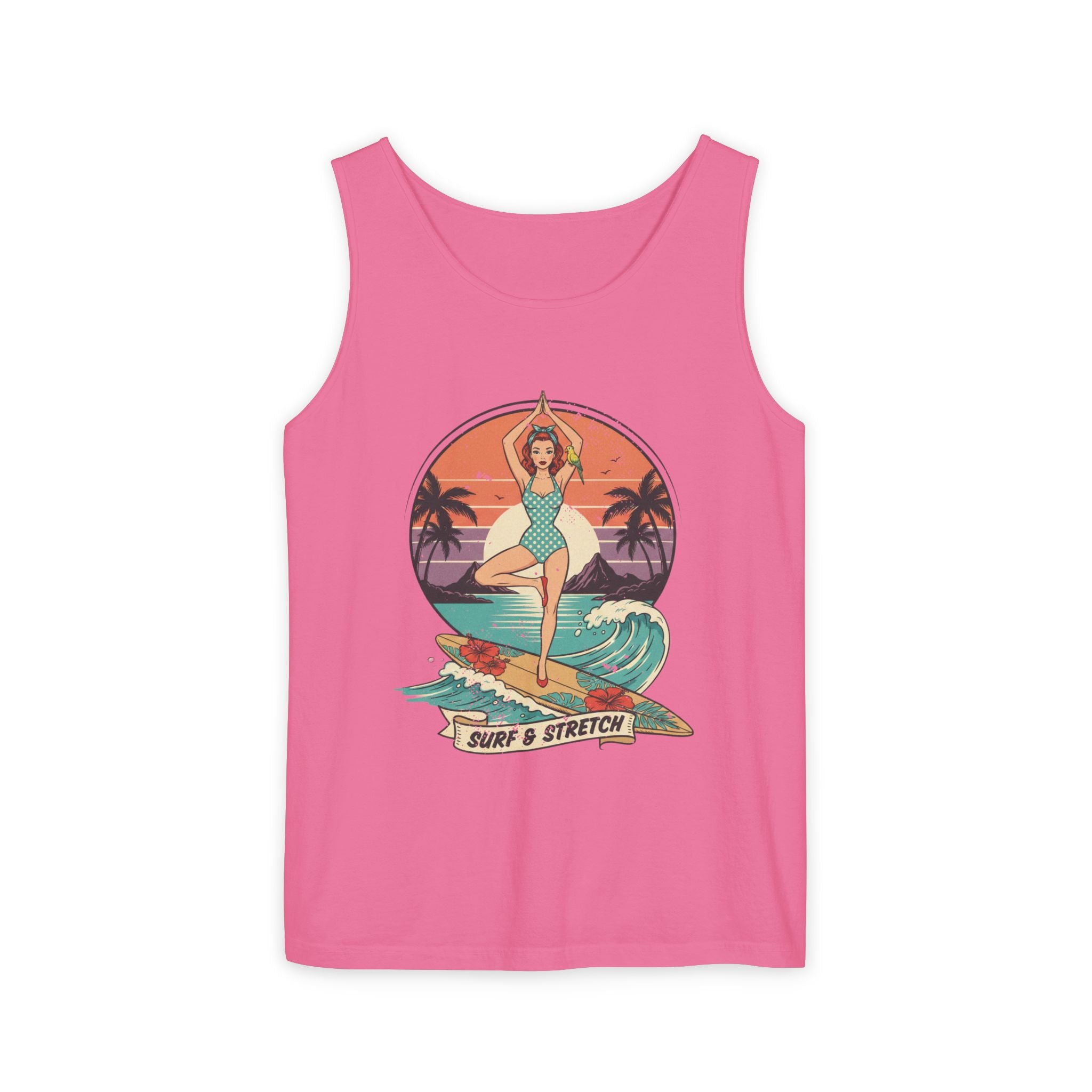 Surf & Stretch Retro Tank Top – Vintage Tropical Beach Yoga Graphic Tee