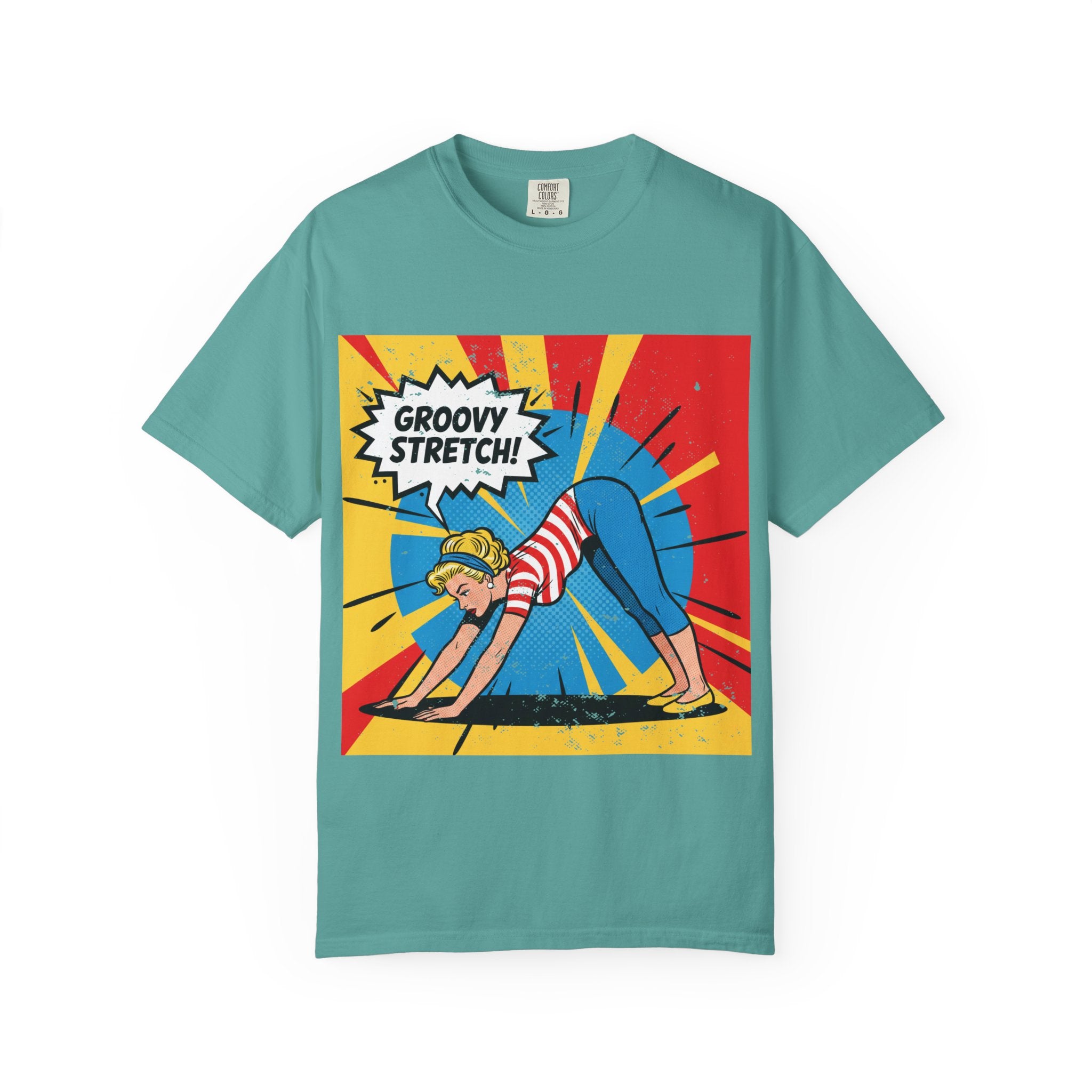 Retro Pop Art Yoga T-Shirt – Vintage Pinup Girl "Groovy Stretch" Graphic Tee