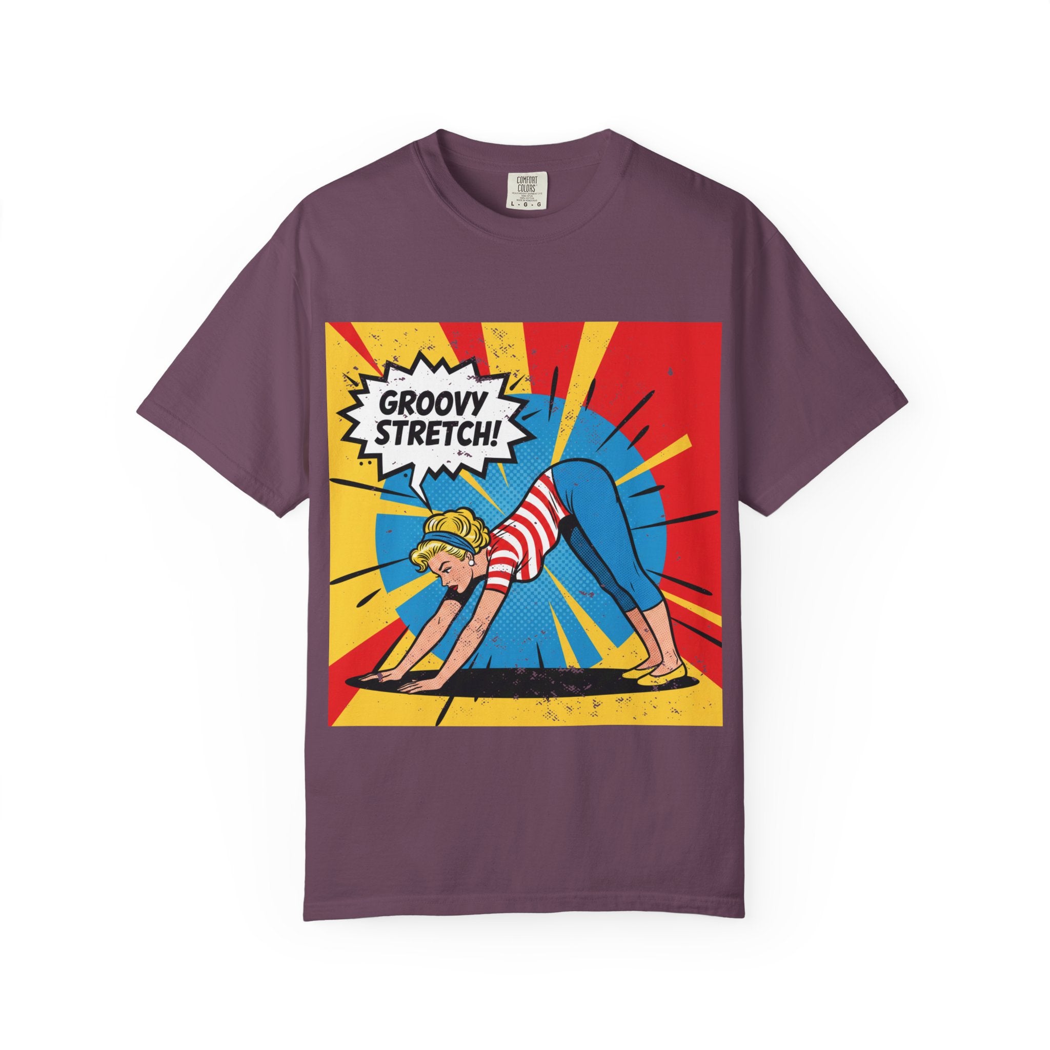 Retro Pop Art Yoga T-Shirt – Vintage Pinup Girl "Groovy Stretch" Graphic Tee