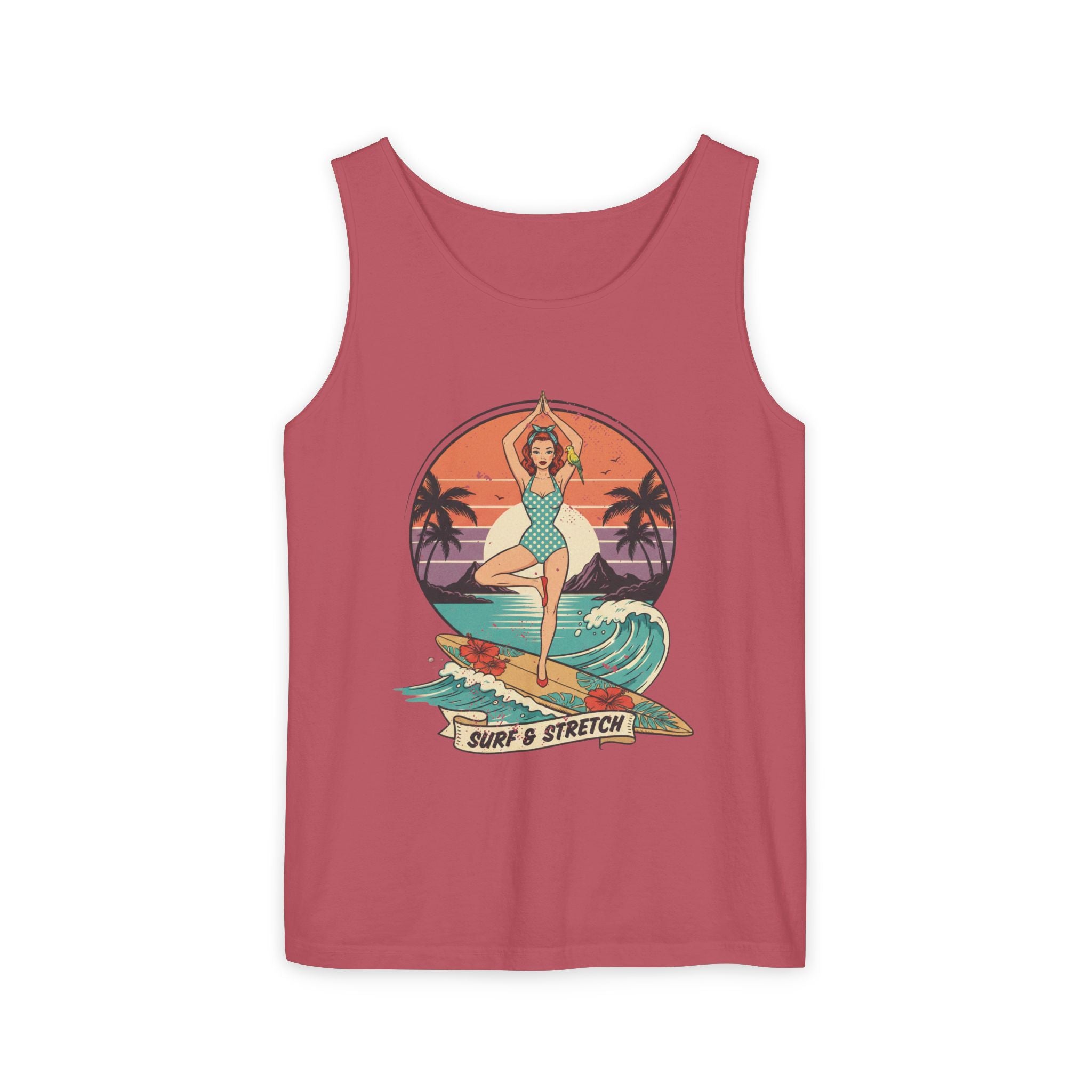 Surf & Stretch Retro Tank Top – Vintage Tropical Beach Yoga Graphic Tee