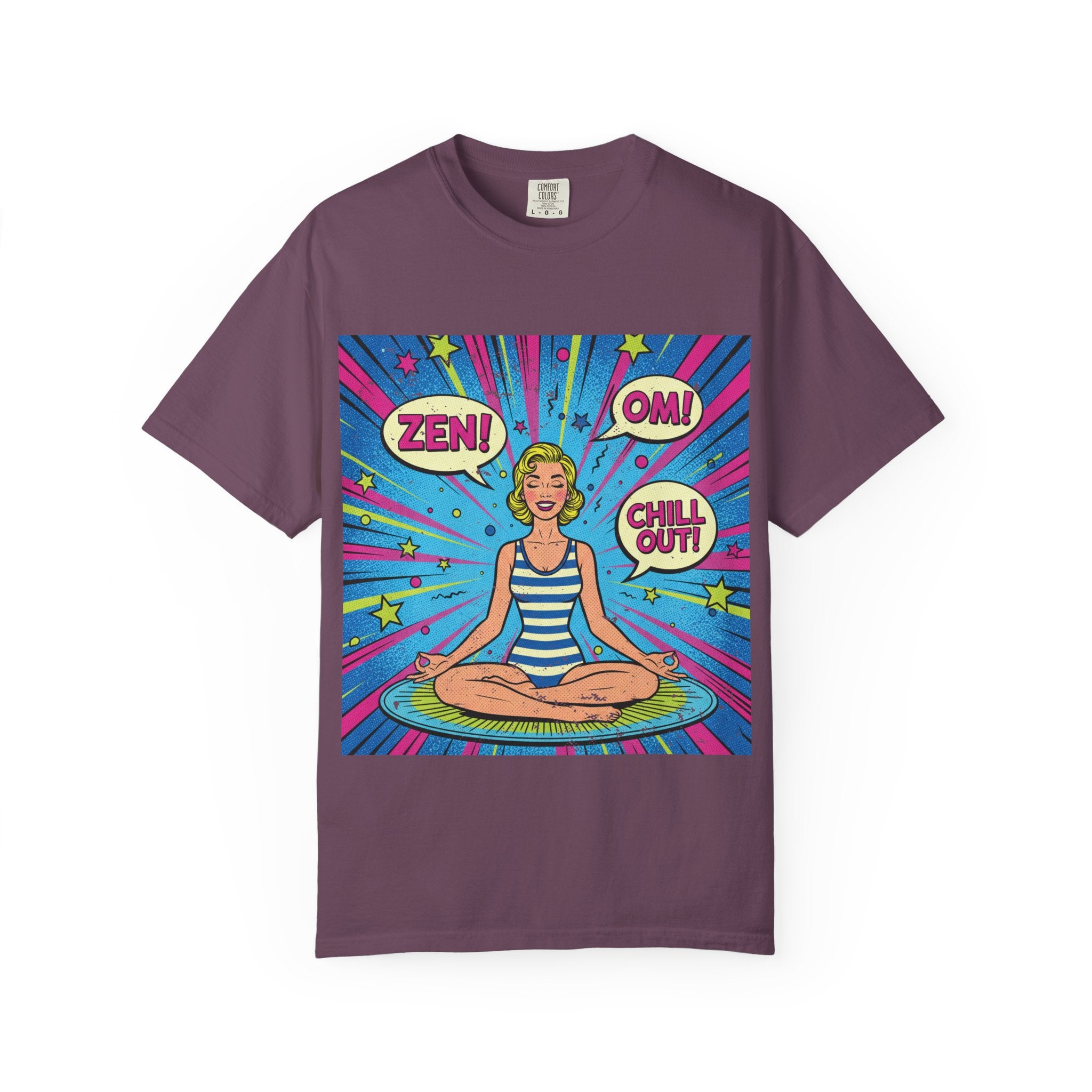 Vintage Zen Pop Art Yoga T-Shirt – Retro Comic Style "Chill Out" Pinup Graphic Tee