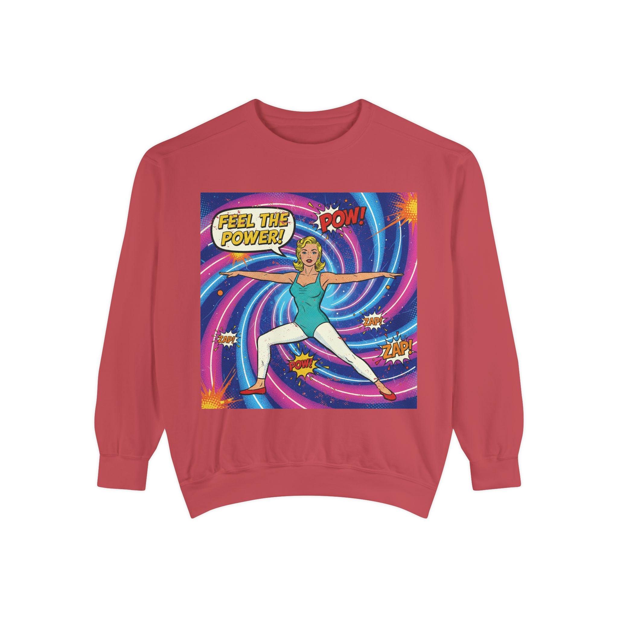Retro Comic Yoga Sweatshirt – Vintage Pop Art Warrior Pose "Feel The Power" Pullover