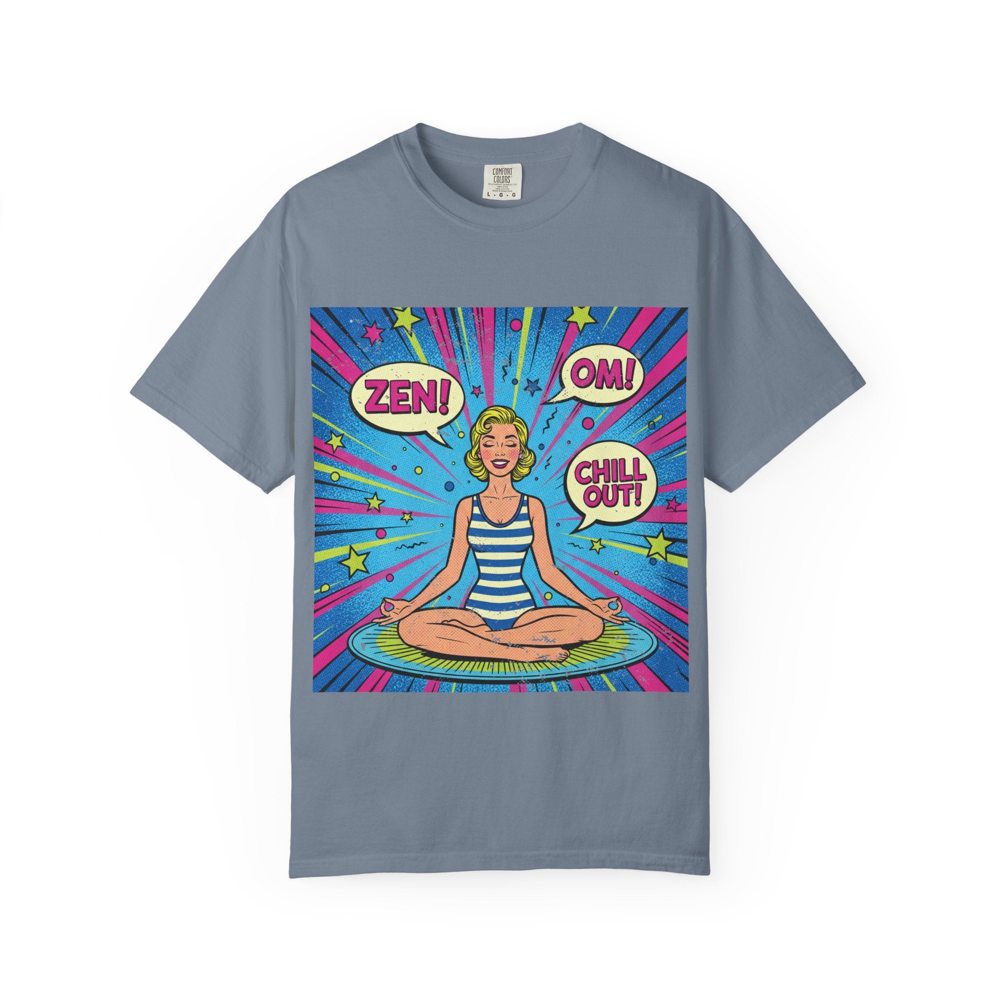 Vintage Zen Pop Art Yoga T-Shirt – Retro Comic Style "Chill Out" Pinup Graphic Tee