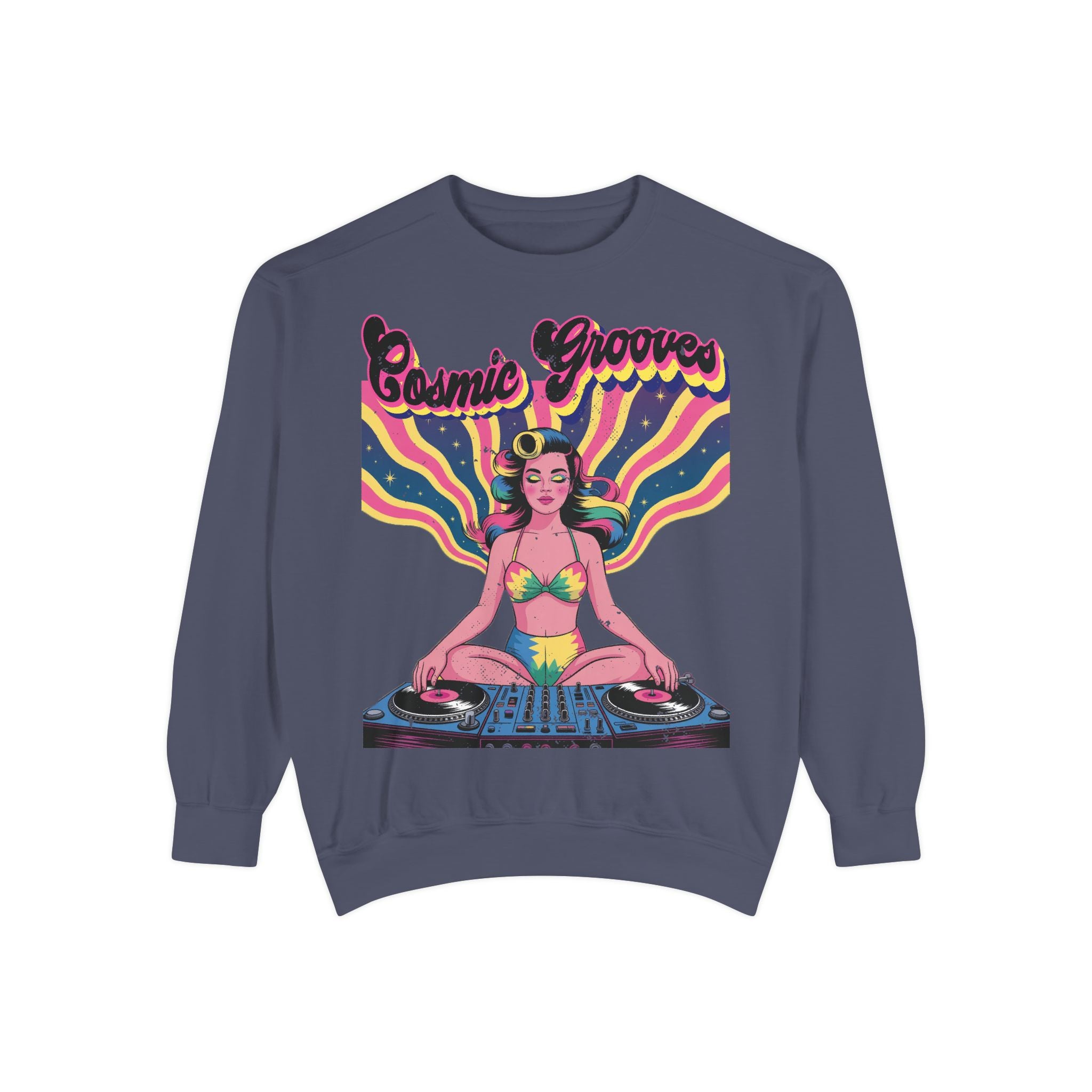 Cosmic Grooves Retro Pinup DJ Sweatshirt – Psychedelic Meditating Rave Apparel