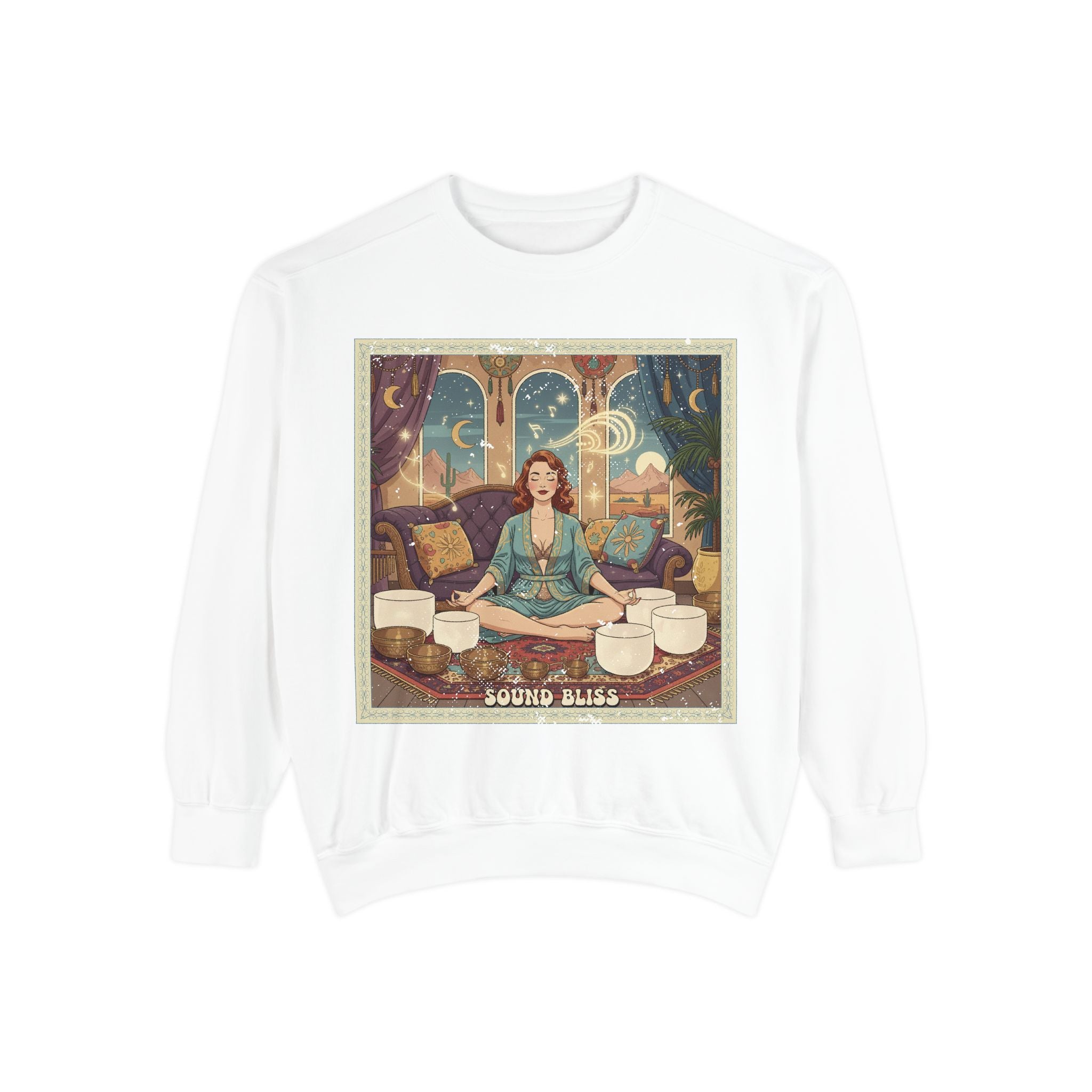 Sound Bliss Retro Sweatshirt – Vintage Sound Healing & Crystal Bowl Graphic Pullover