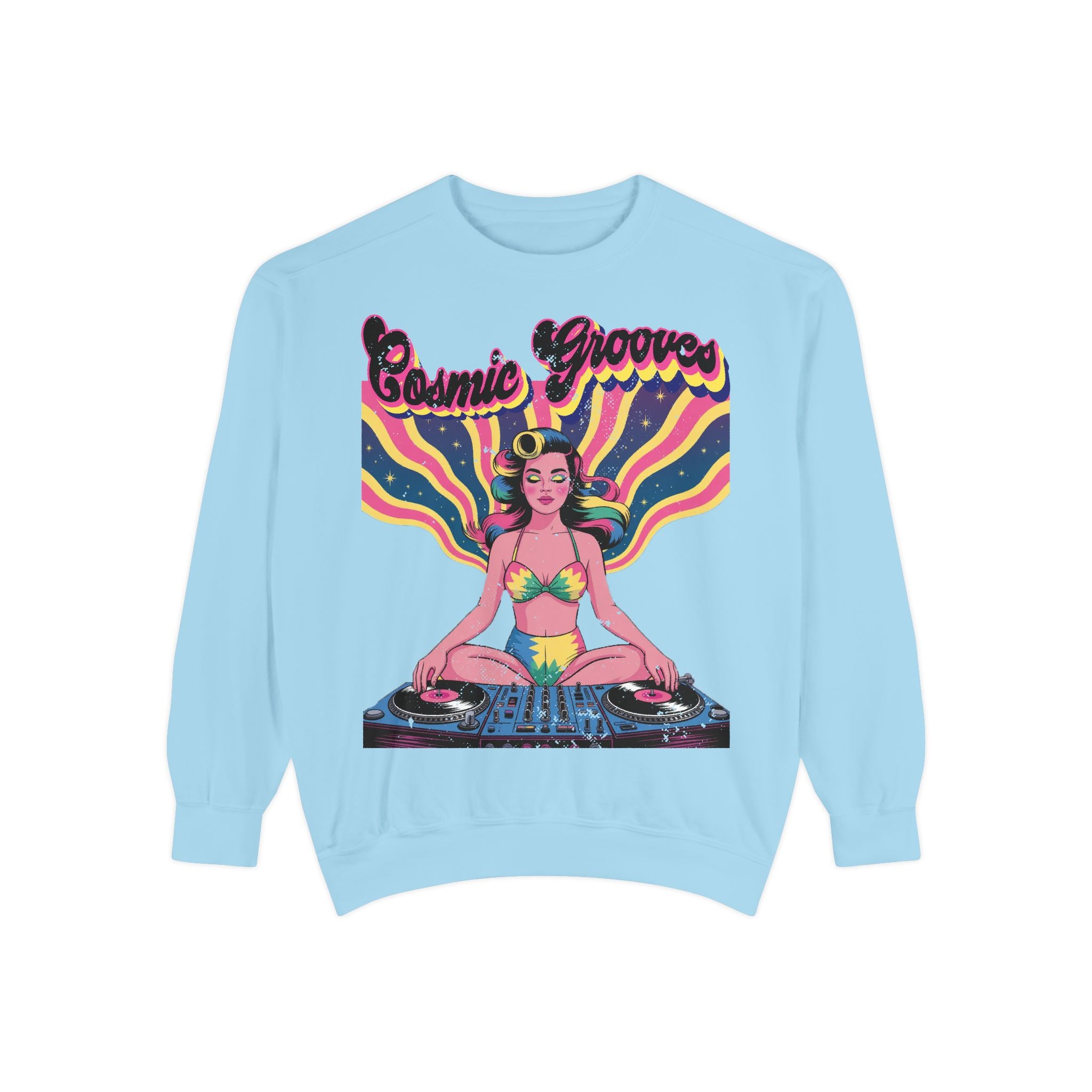 Cosmic Grooves Retro Pinup DJ Sweatshirt – Psychedelic Meditating Rave Apparel