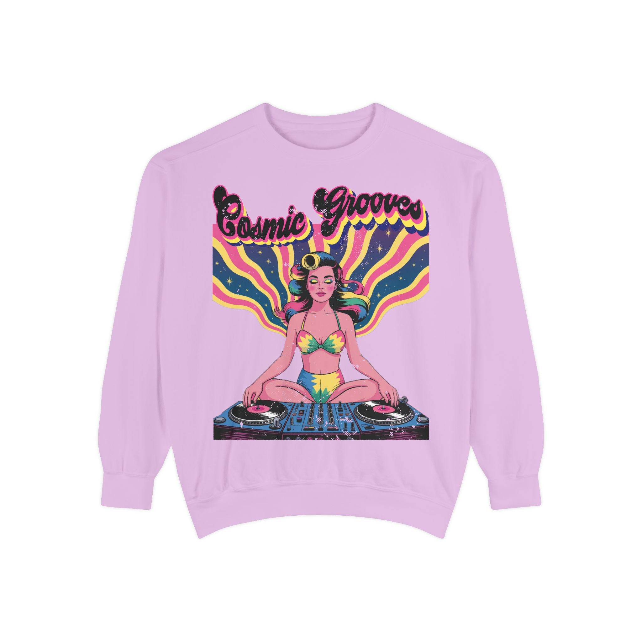 Cosmic Grooves Retro Pinup DJ Sweatshirt – Psychedelic Meditating Rave Apparel