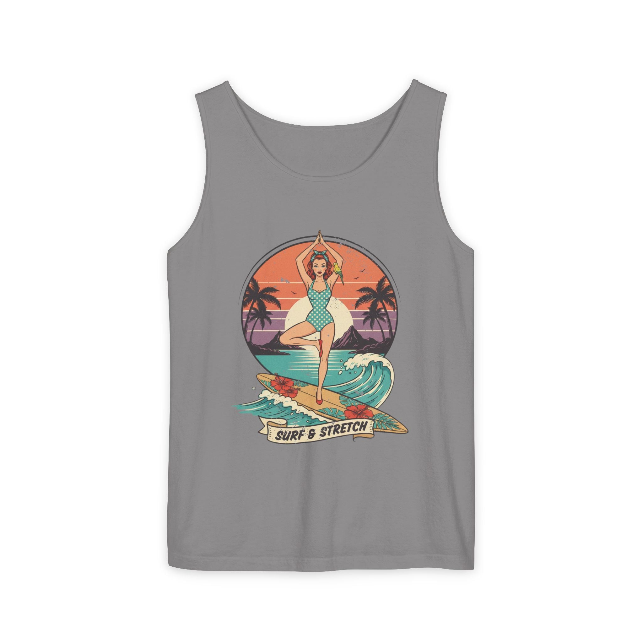 Surf & Stretch Retro Tank Top – Vintage Tropical Beach Yoga Graphic Tee