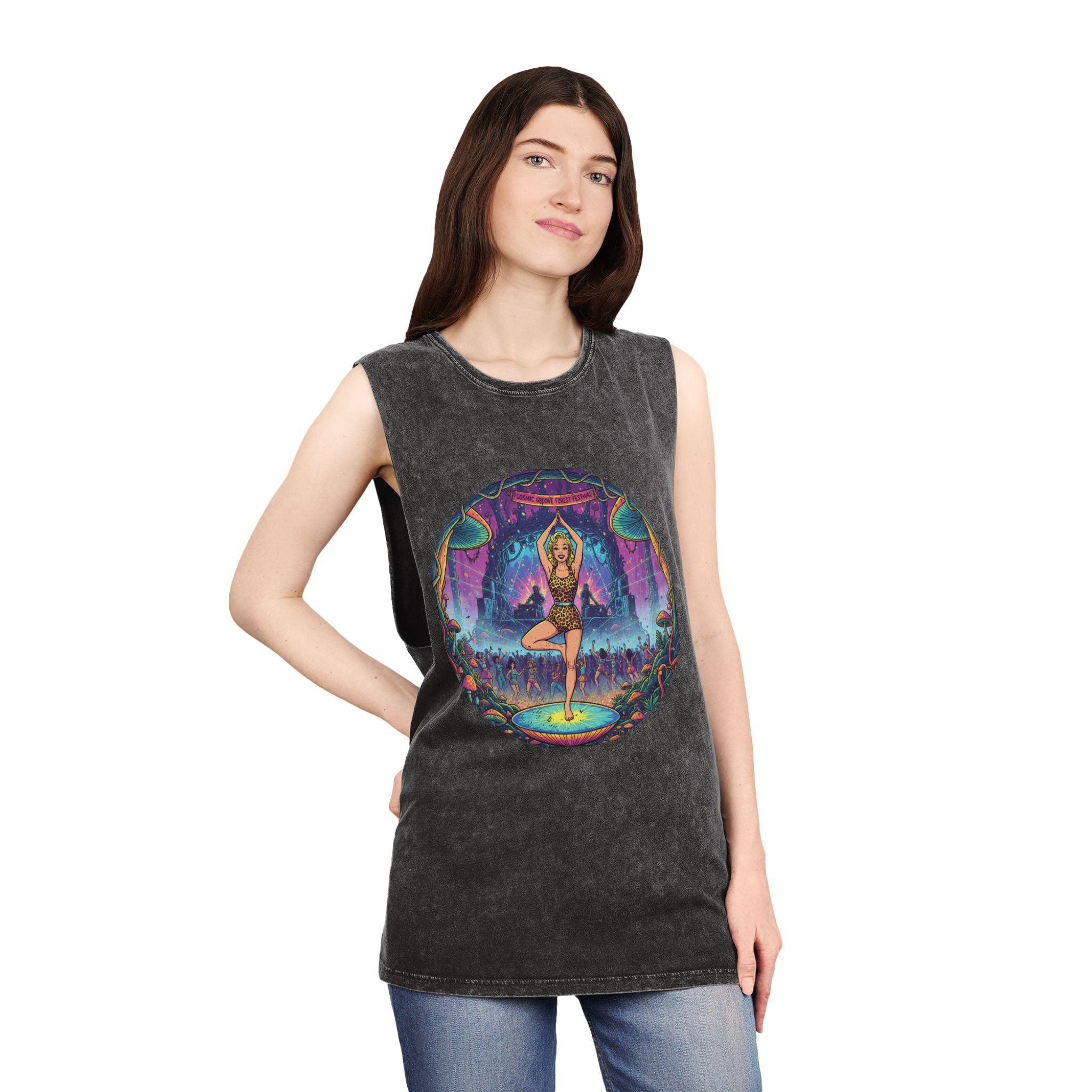 Cosmic Groove Forest Festival Pinup Tank Top - Vintage Psychedelic Mushroom Stonewashed Rave Gear
