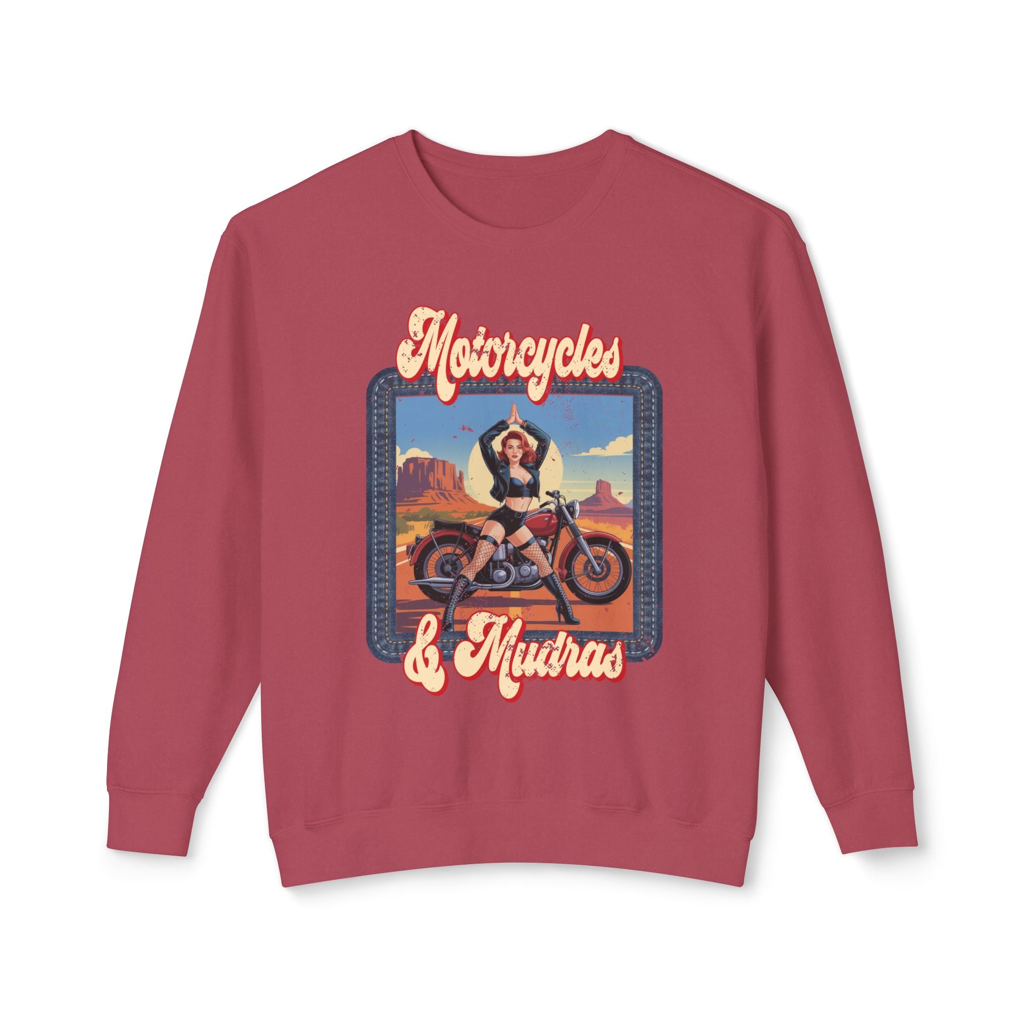 Motorcycles & Mudras Retro Sweatshirt – Vintage Biker Girl Yoga Graphic Pullover