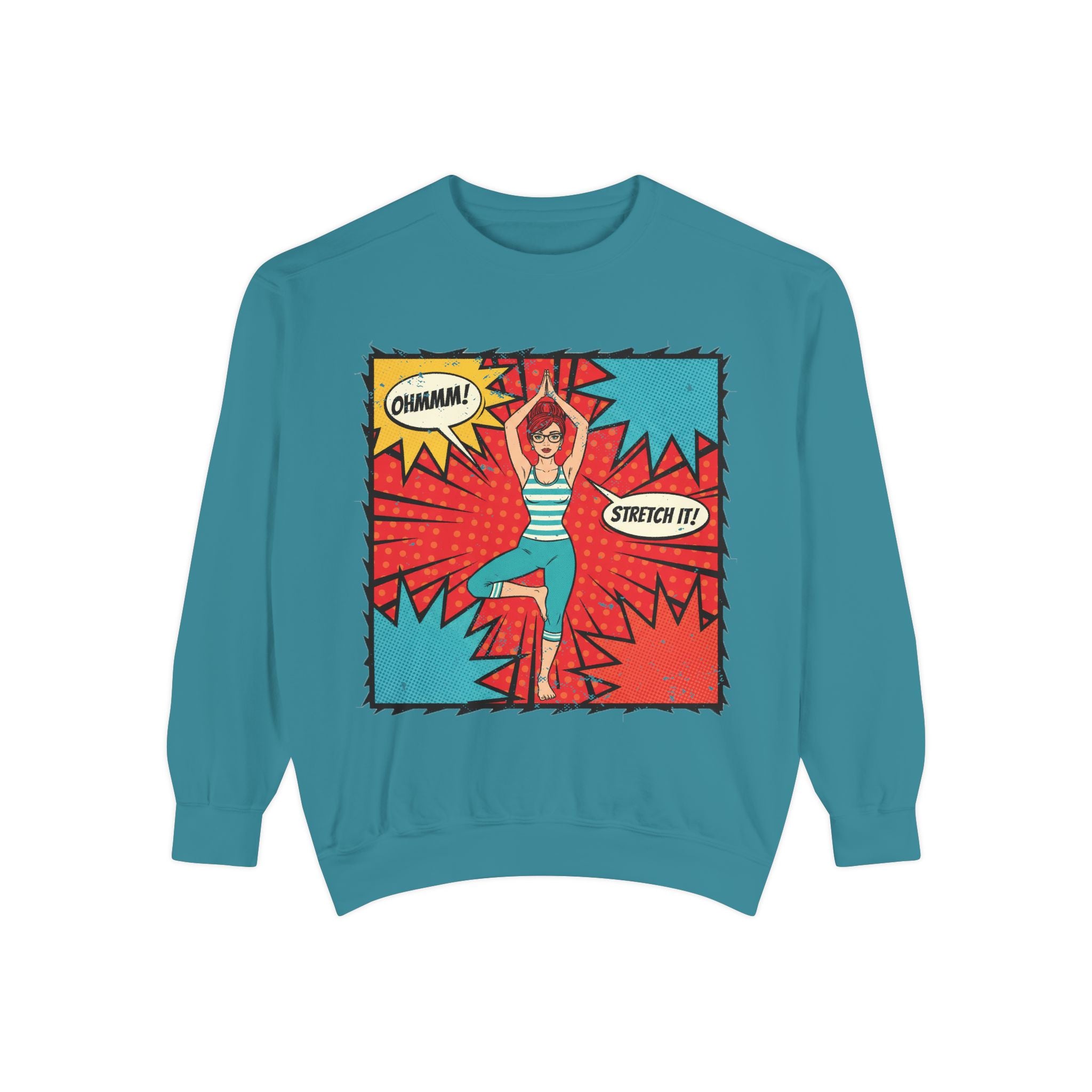 Retro Comic Yoga Sweatshirt – Pop Art Tree Pose "Stretch It!" Vintage Pullover