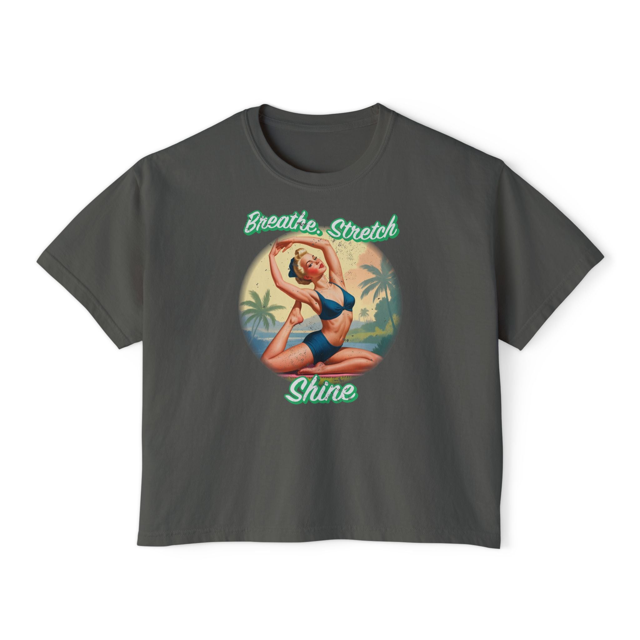 Breathe Stretch Shine T-Shirt – Retro Pin-Up Yoga Graphic Tee for Vintage Wellness Lovers