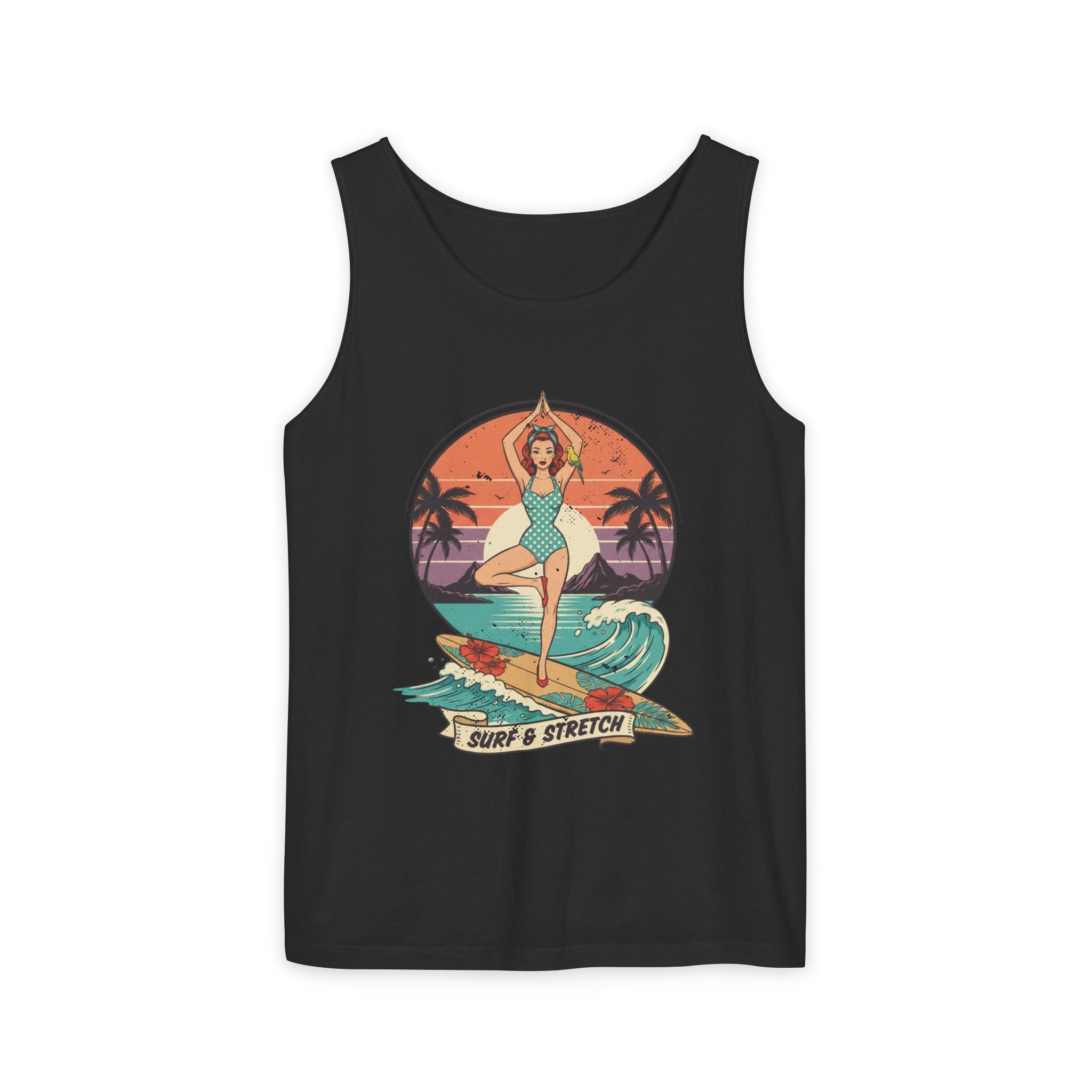 Surf & Stretch Retro Tank Top – Vintage Tropical Beach Yoga Graphic Tee