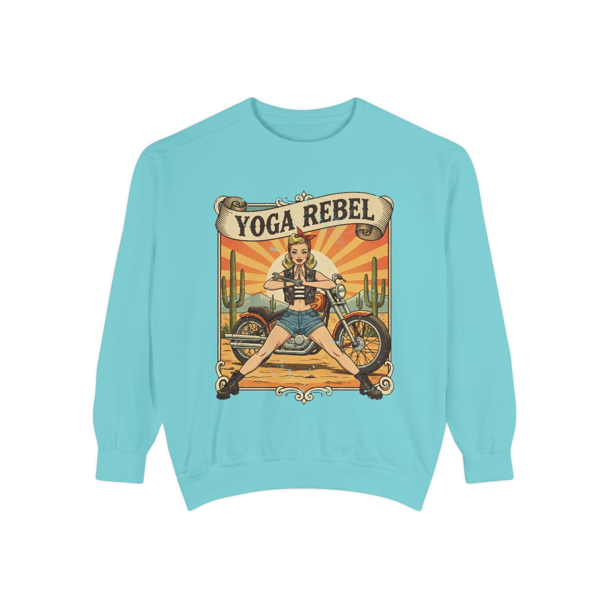 Yoga Rebel Retro Sweatshirt – Vintage Biker Girl Motorcycle Graphic Pullover