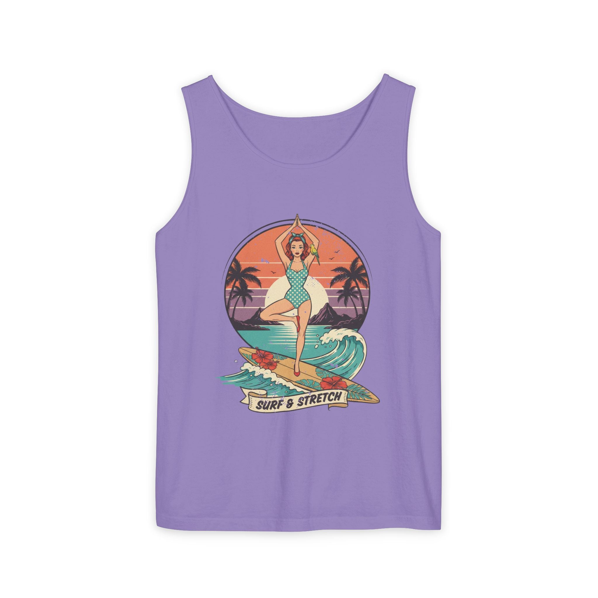 Surf & Stretch Retro Tank Top – Vintage Tropical Beach Yoga Graphic Tee